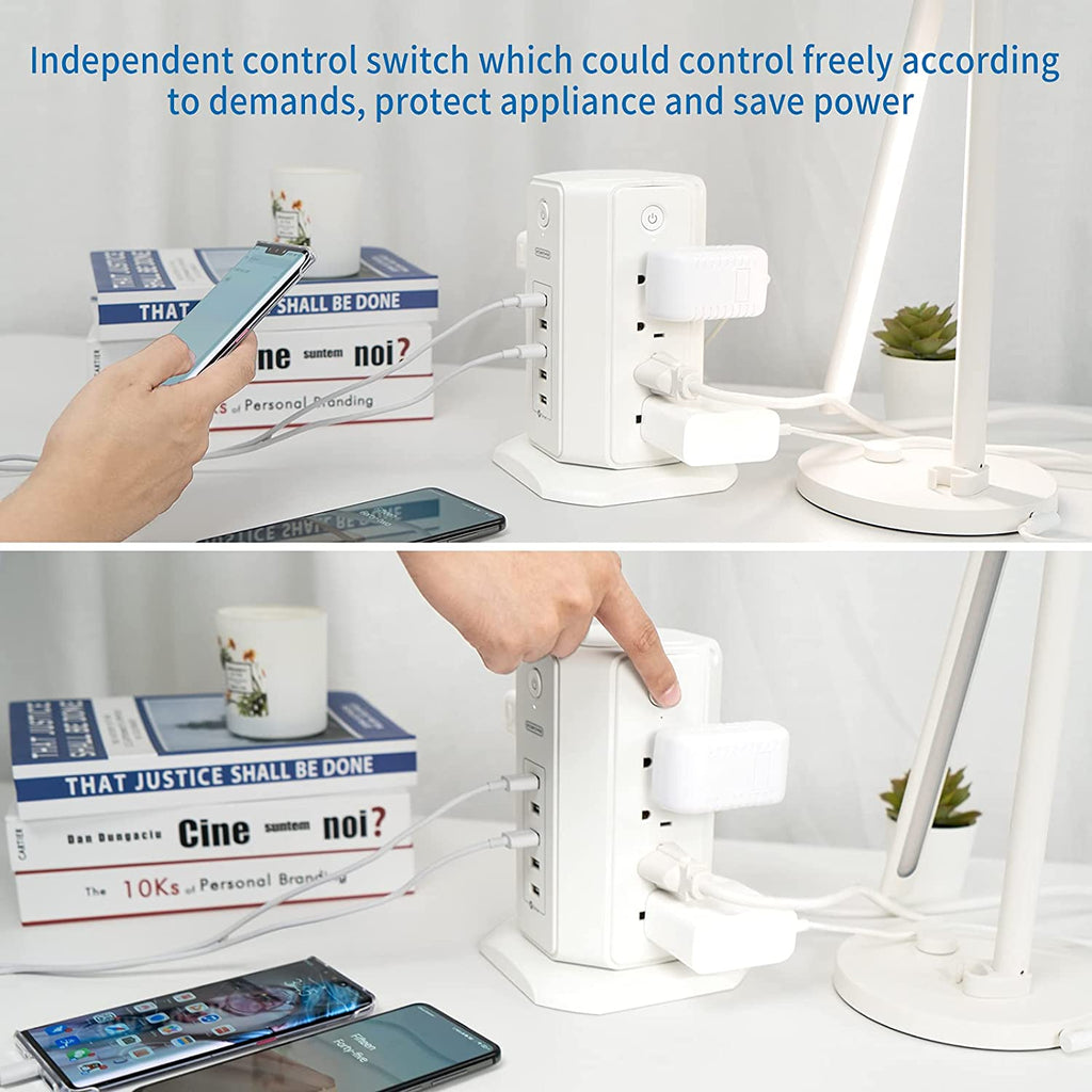 craques white power strip tower with USB and independent control switch powering multiple devices on desk