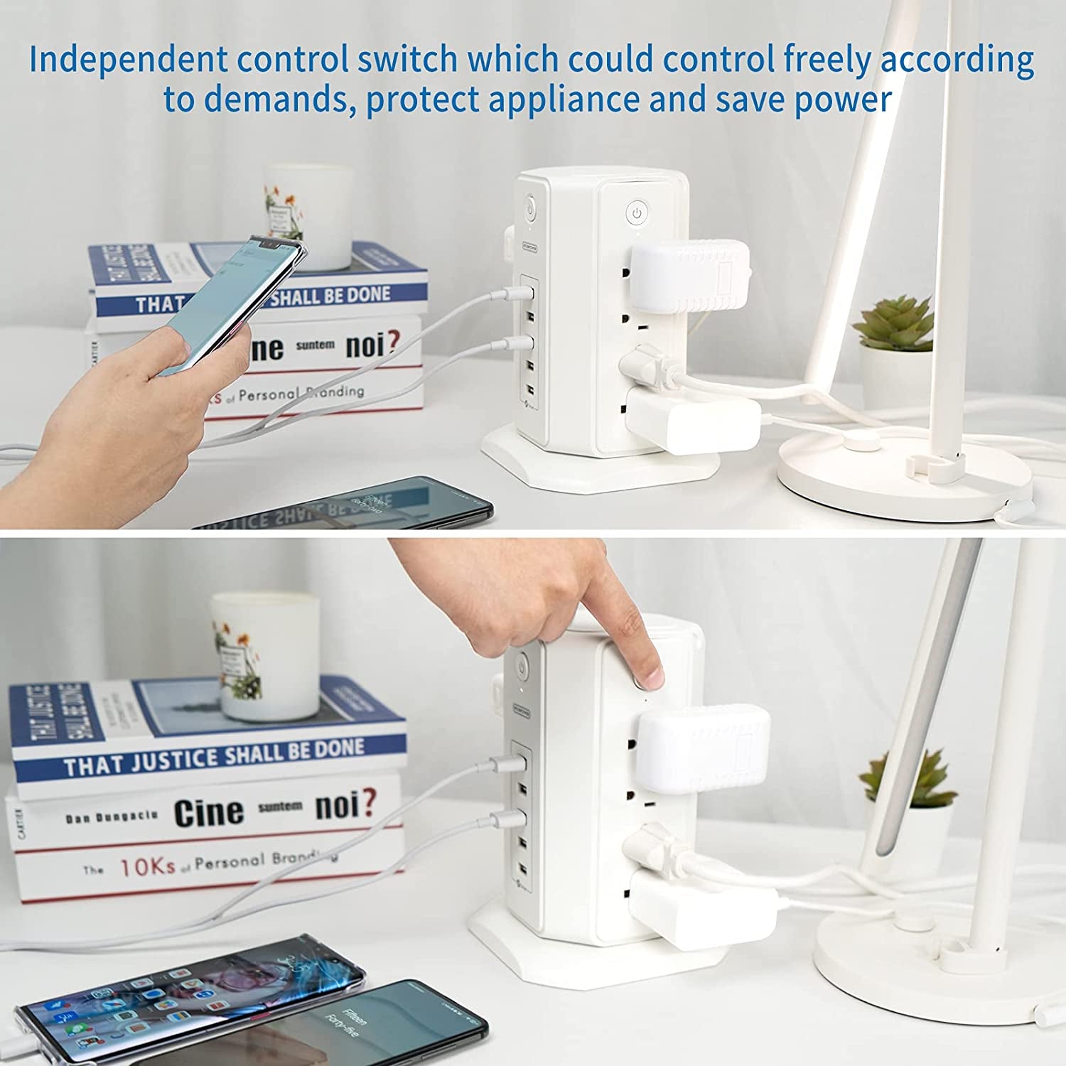 craques white power strip tower with USB and independent control switch powering multiple devices on desk