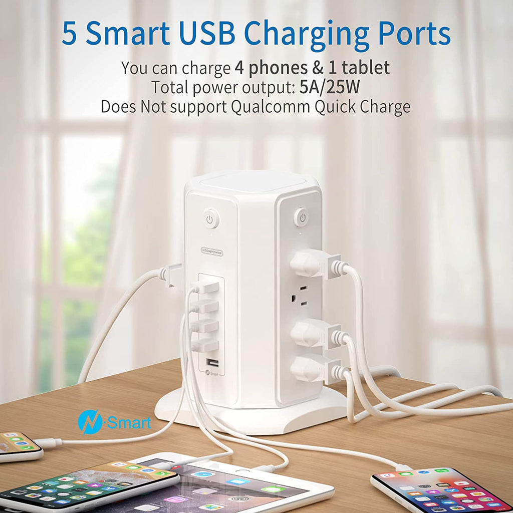 Craques power strip tower with USB featuring 5 smart USB charging ports and multiple AC outlets on desk