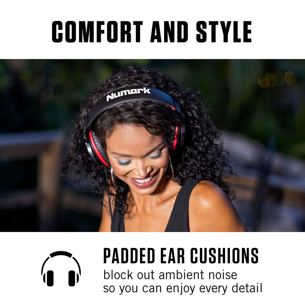 Woman wearing Numark headphones with padded ear cushions highlighting comfort and style