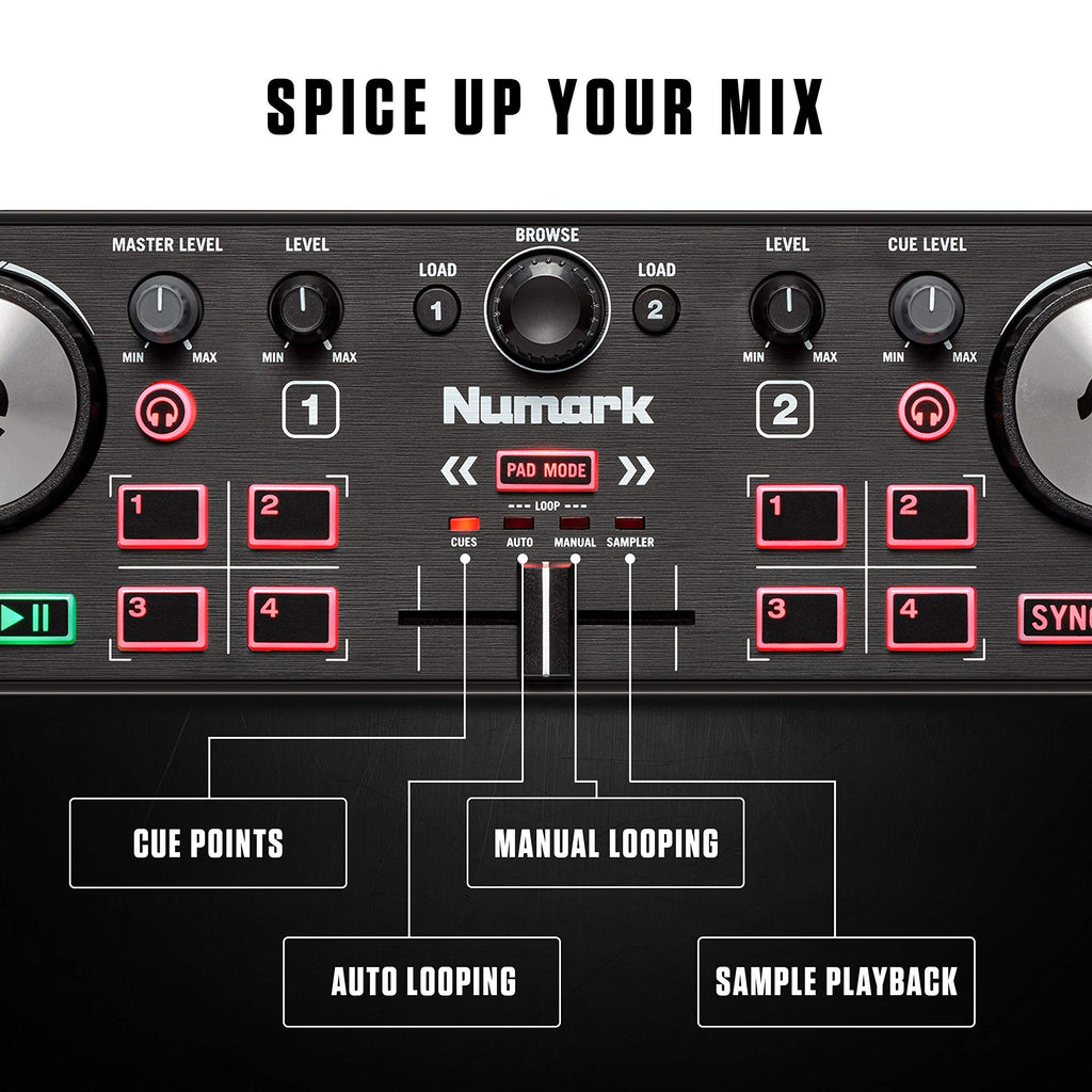 Numark compact DJ controller for beginners with cue points manual looping and sample playback features