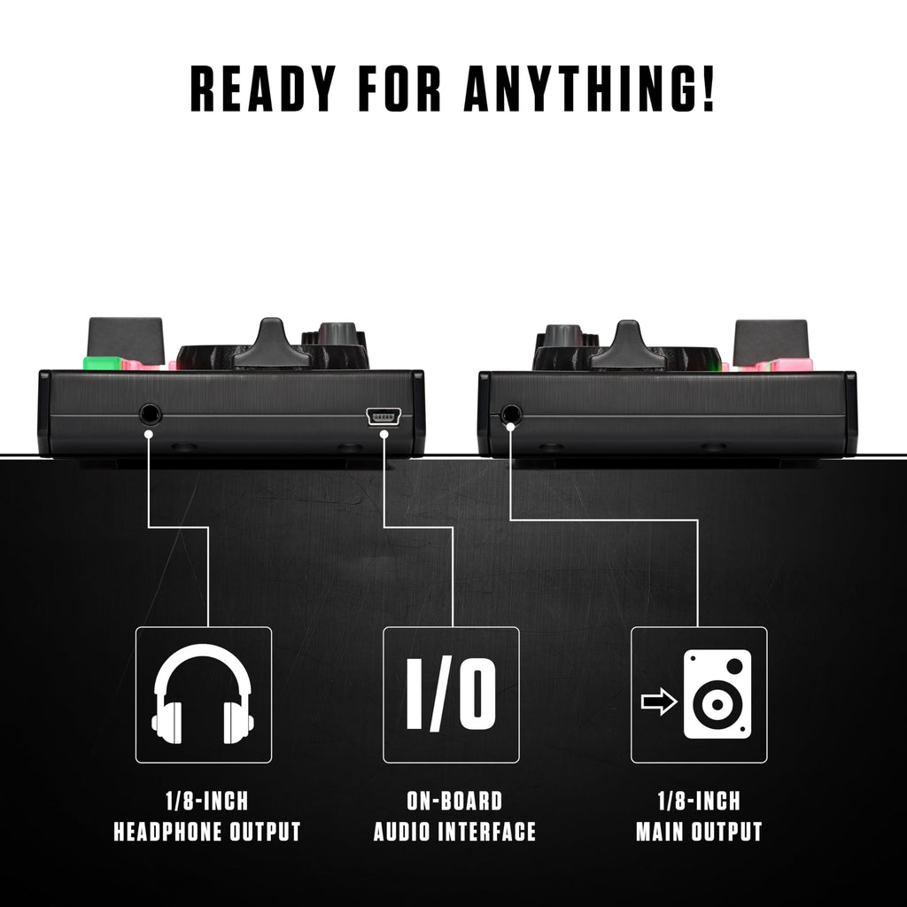 Craques compact DJ controller for beginners showing 1/8-inch headphone and main outputs with on-board audio interface