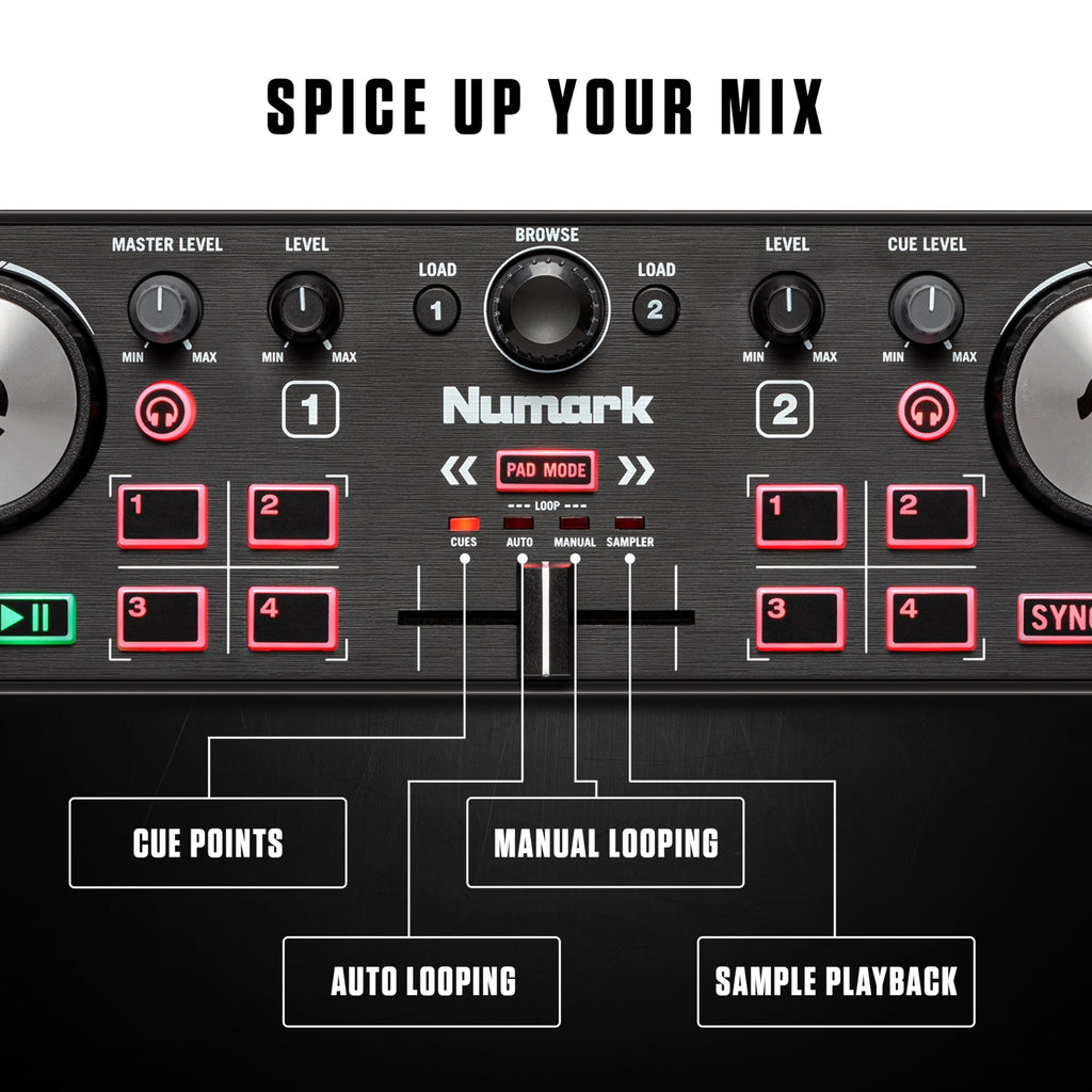 Numark compact DJ controller for beginners with cue points manual and auto looping sample playback