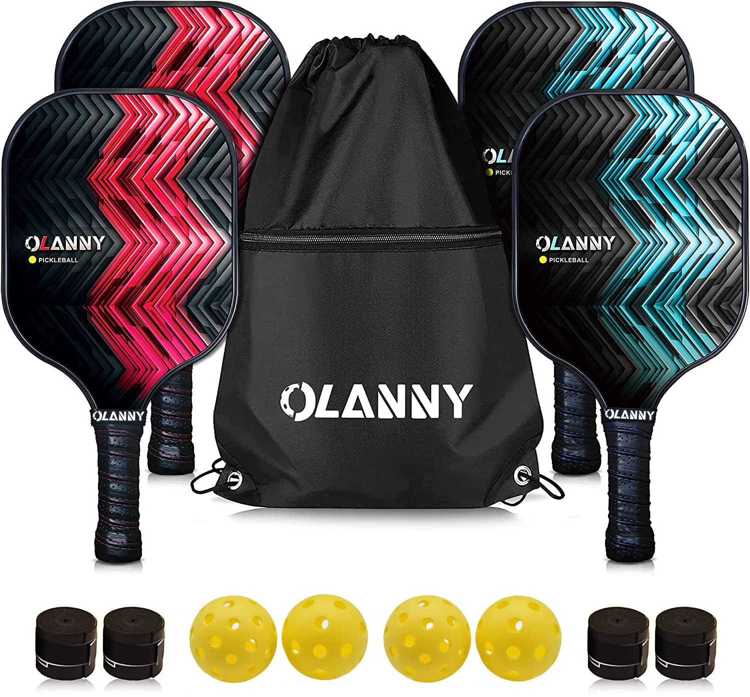 Graphite pickleball paddle set by craques with four paddles in red and blue, yellow balls, and black carrying bag