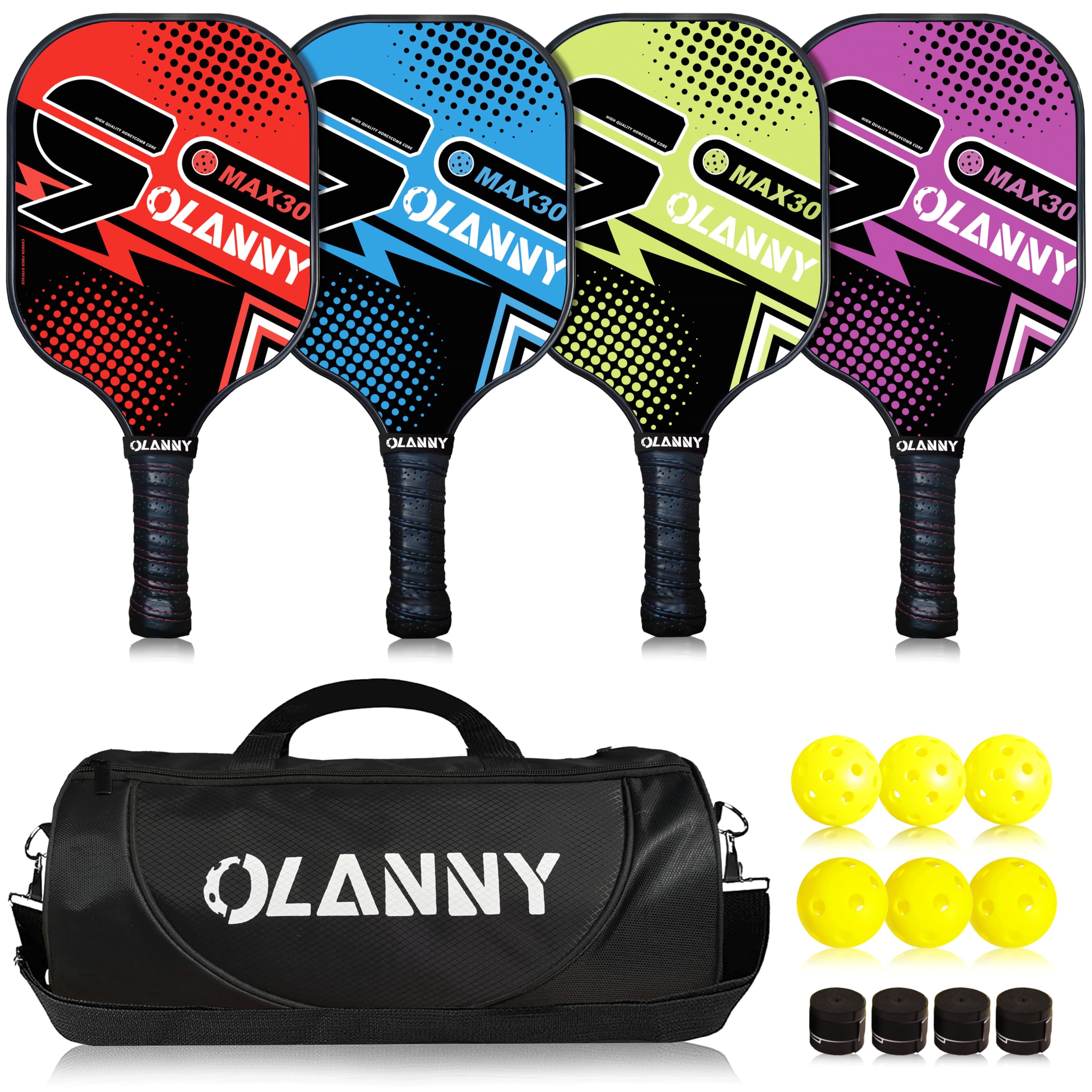 Graphite pickleball paddle set by craques with four colorful paddles, six yellow balls, and a black carrying bag