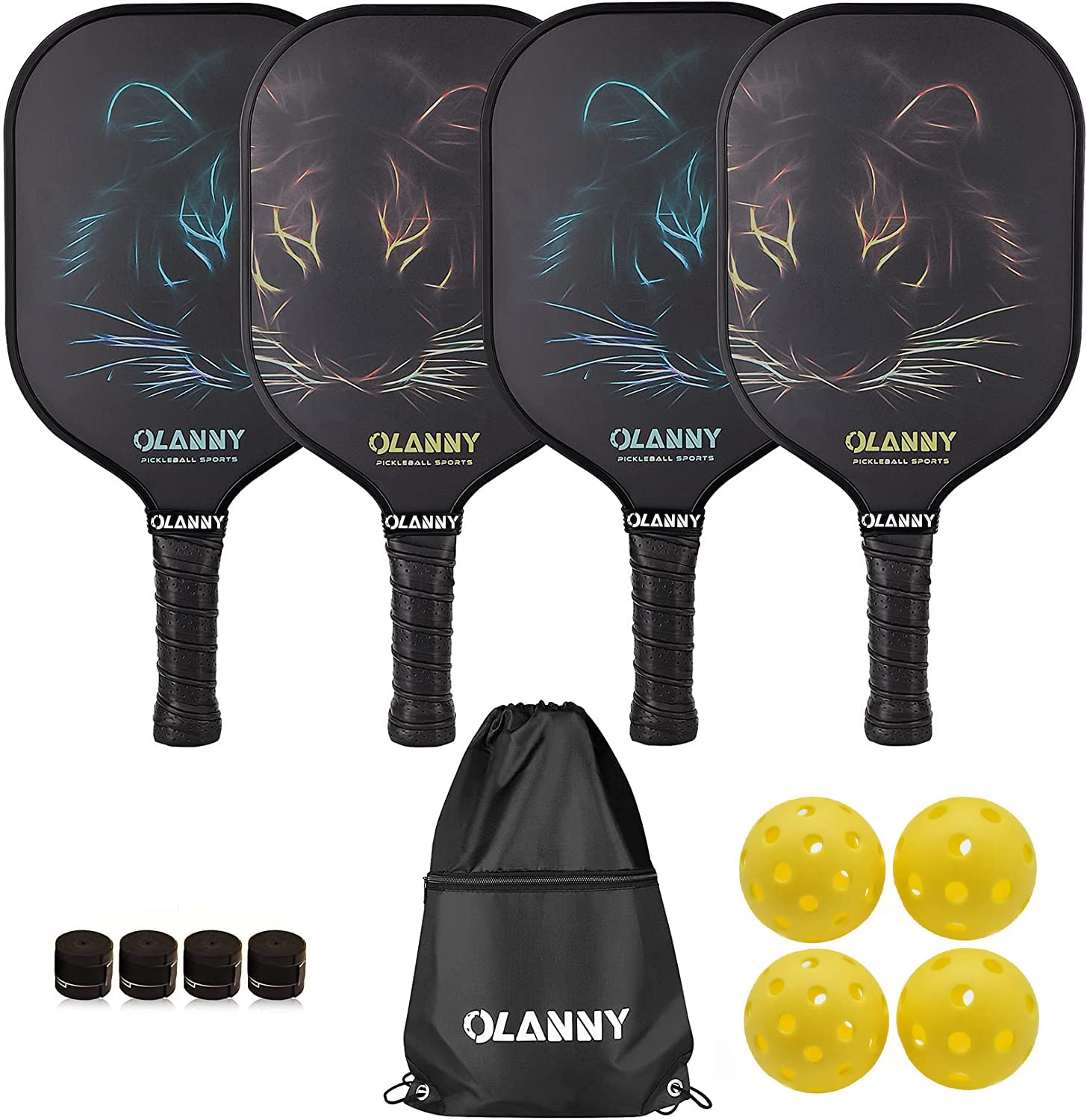 Graphite pickleball paddle set with four black paddles featuring colorful tiger design, four yellow pickleballs, paddle grips, and a black Olanny carrying bag