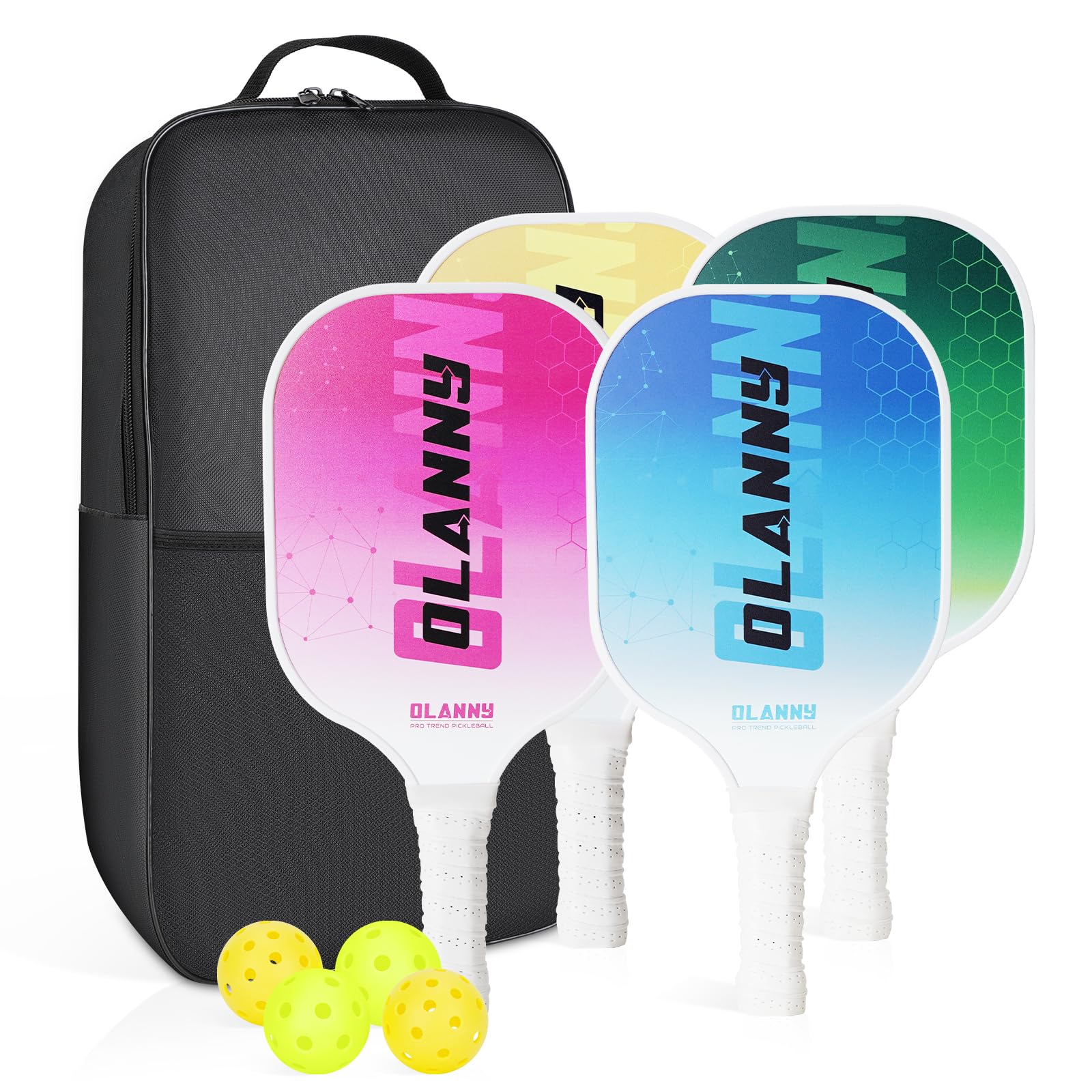 Craques graphite pickleball paddle set with four colorful paddles, yellow and green balls, and black carrying case
