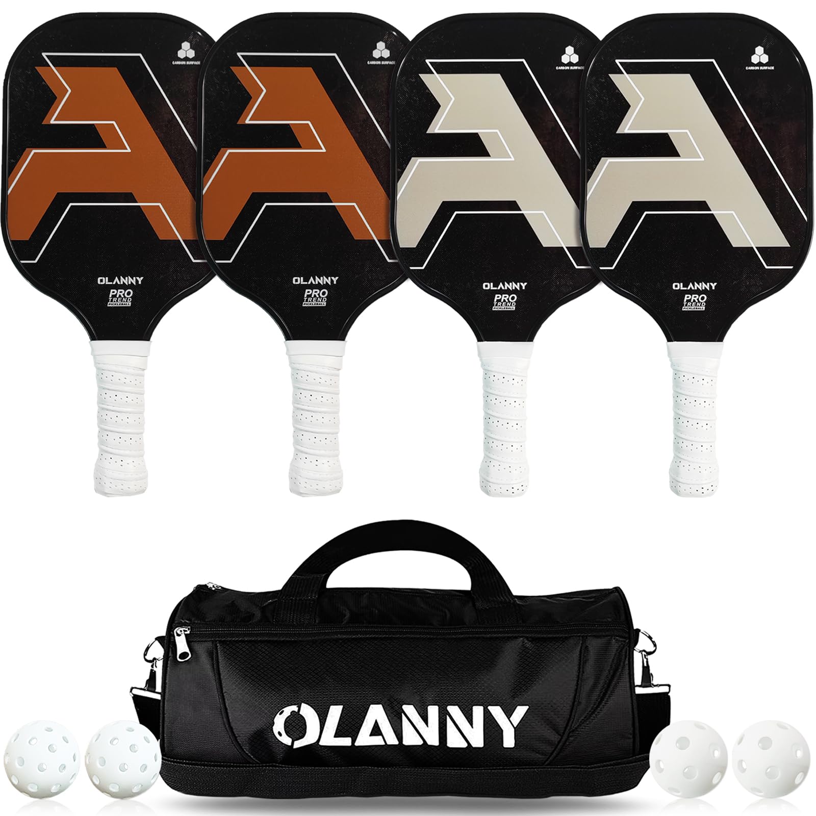 Graphite pickleball paddle set with four paddles, white grips, balls, and black Olanny carrying bag