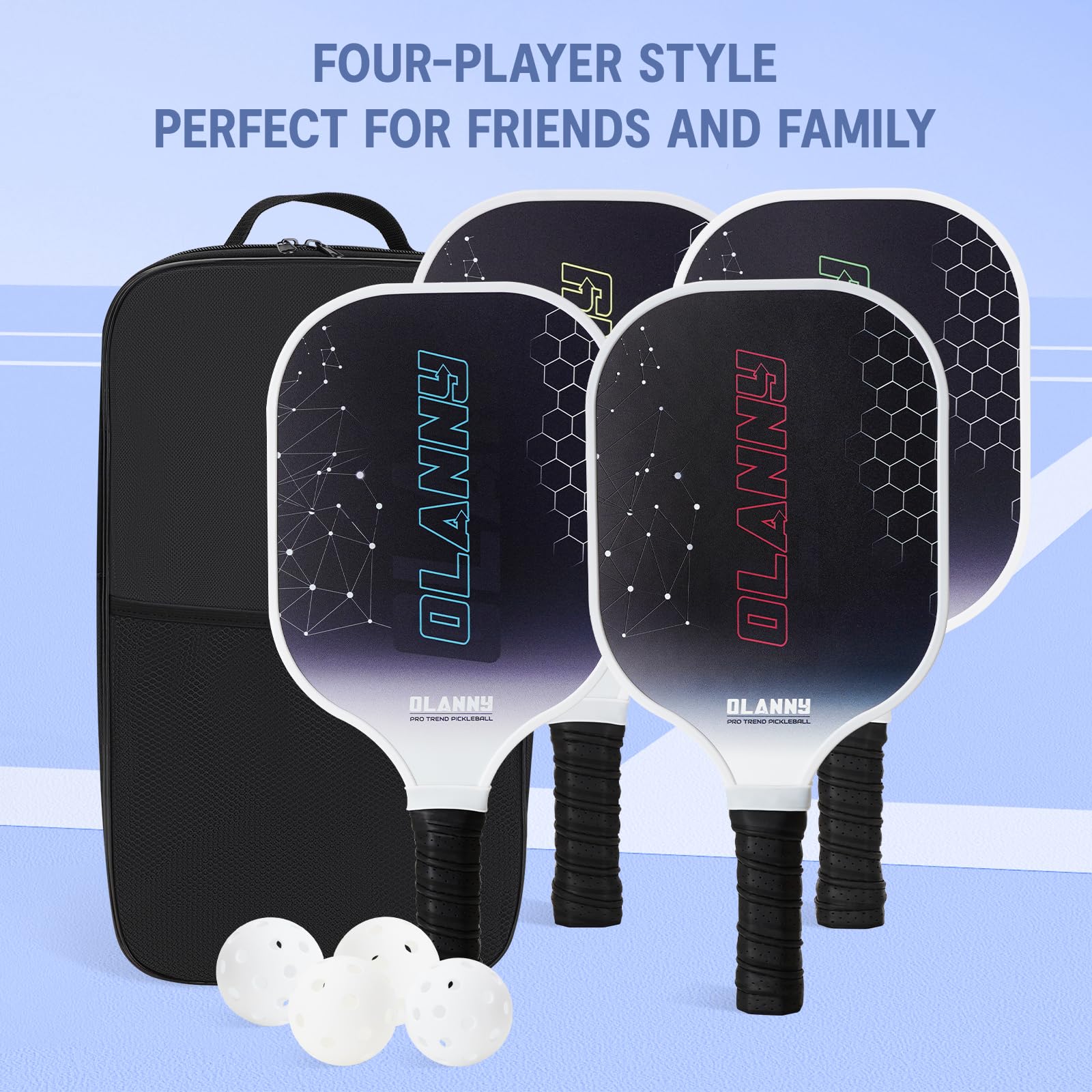 Graphite pickleball paddle set with four paddles, three balls, and a black carrying case by craques