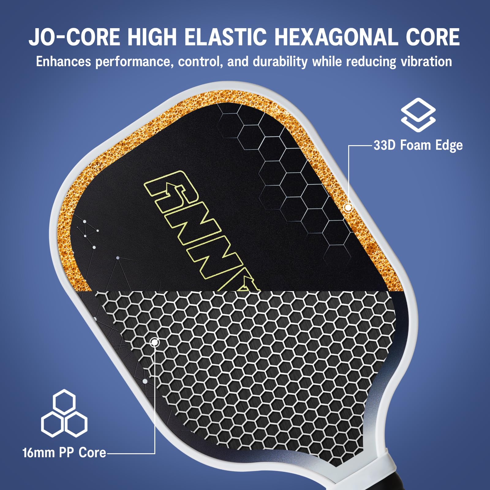 Graphite pickleball paddle set featuring jo-core high elastic hexagonal core with foam edge and durable design