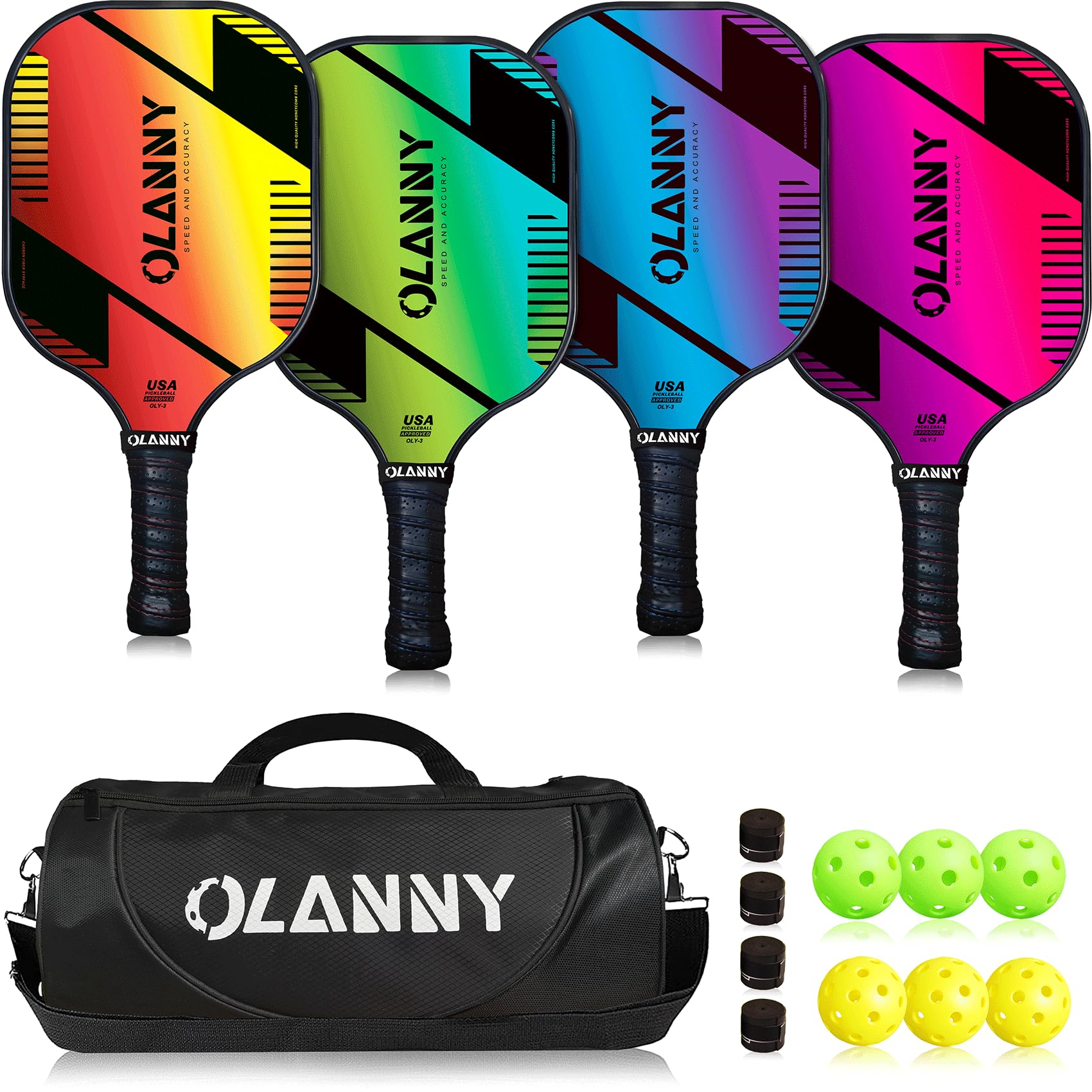 Graphite pickleball paddle set by craques with four colorful paddles, balls, and a black carrying bag