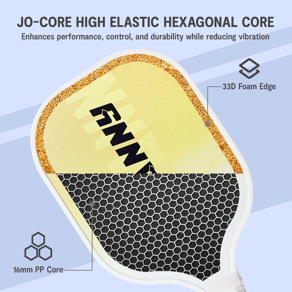 Craques graphite pickleball paddle set showing high elastic hexagonal core with foam edge and 16mm PP core