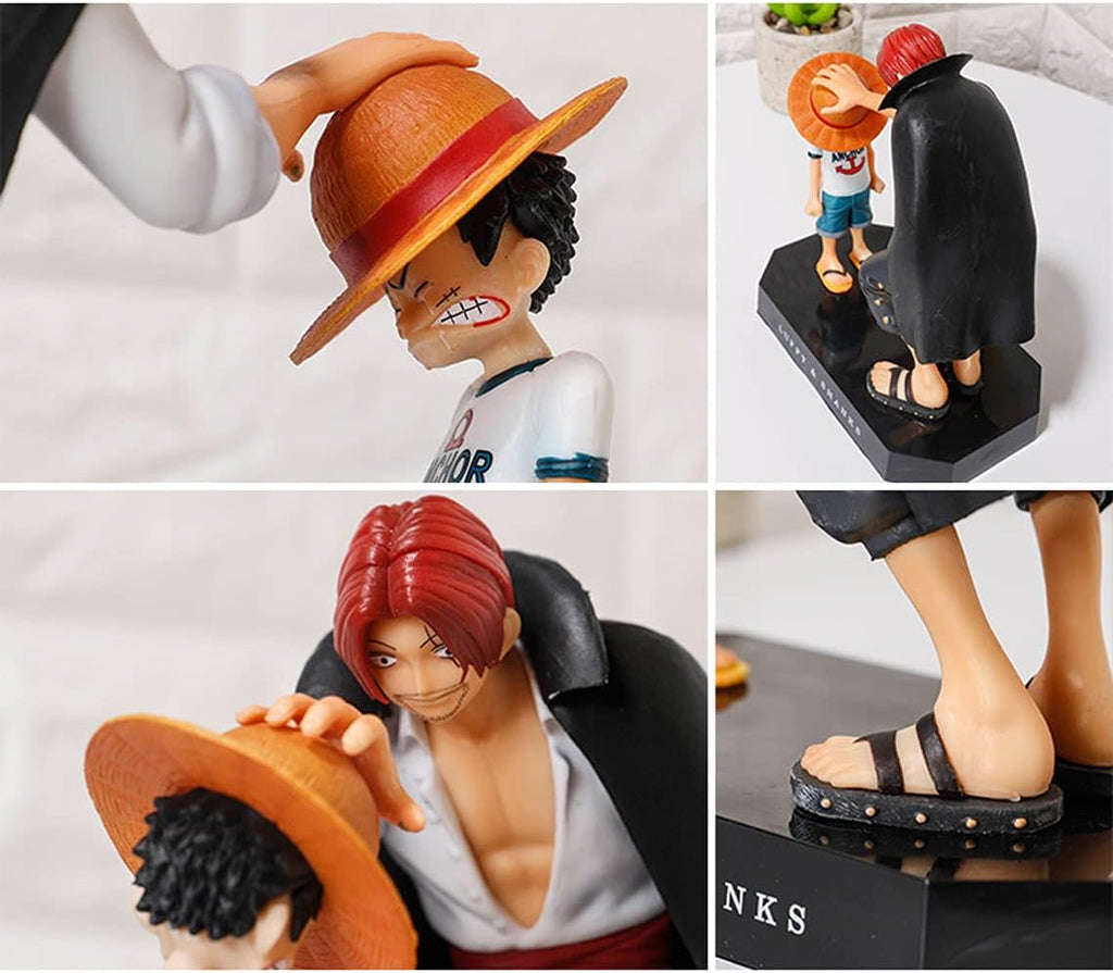 One Piece Shanks and Luffy action figure set showing detailed characters with Shanks placing hat on Luffy