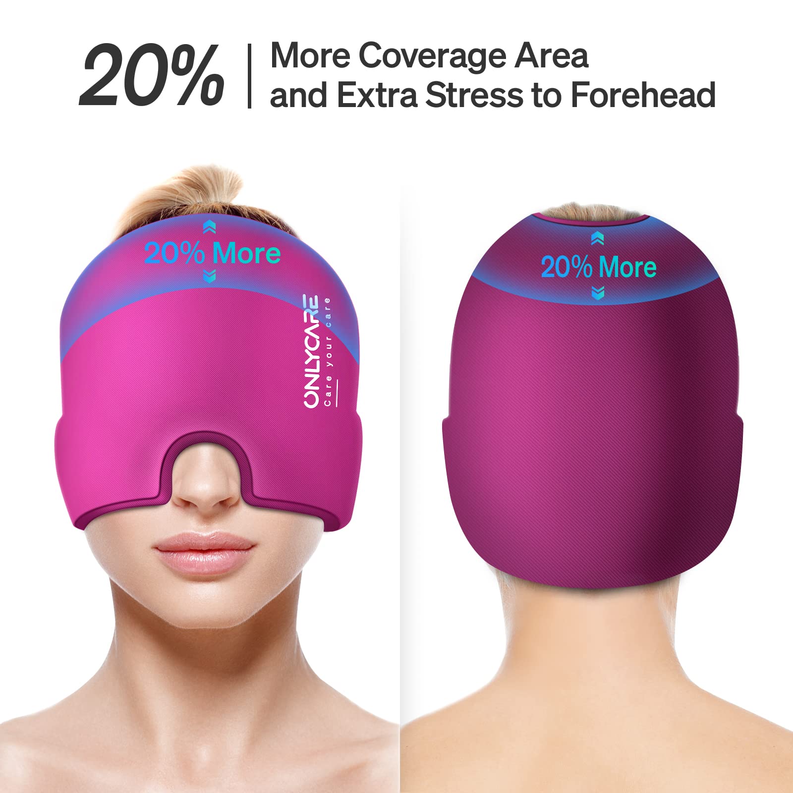 Purple migraine relief cap by craques covering forehead and eyes with 20 percent more coverage area