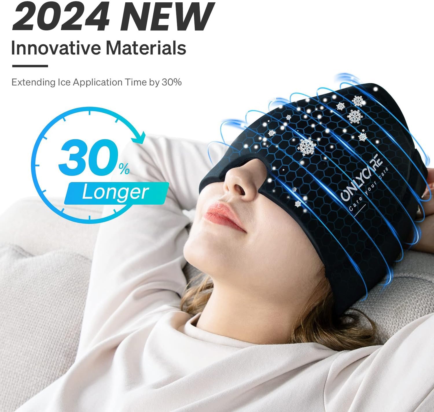 Woman wearing a black craques migraine relief cap with extended ice application for headache comfort
