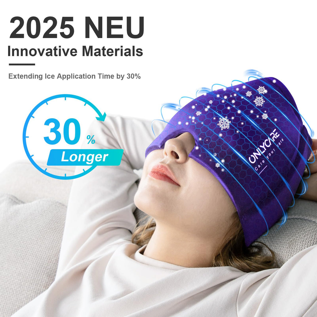 Woman relaxing with craques migraine relief cap in purple extending ice application time by 30 percent