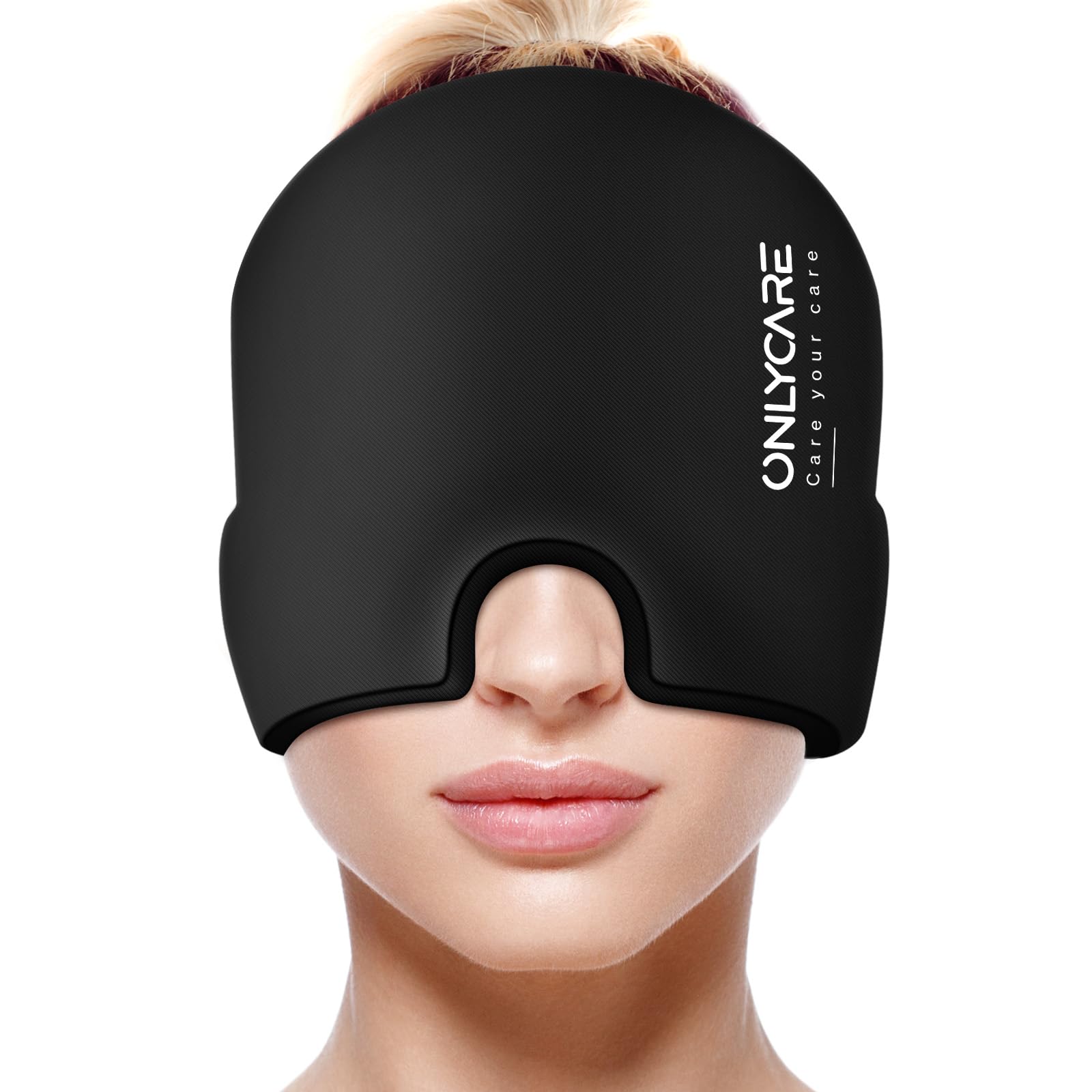Black migraine relief cap covering forehead and eyes for headache and migraine pain relief