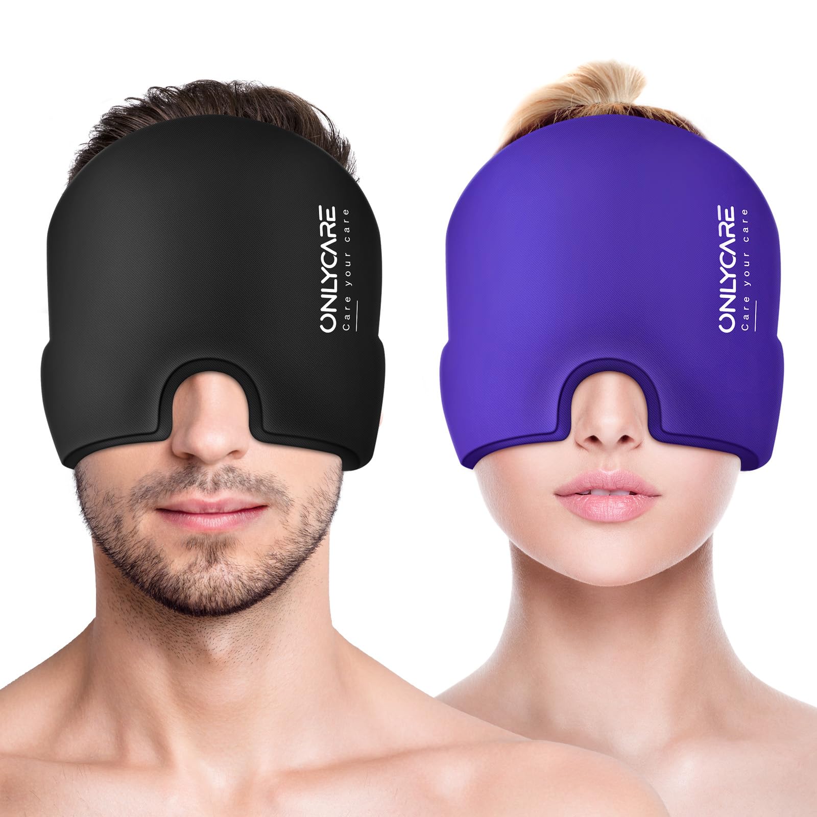 craques migraine relief cap in black and purple worn by man and woman for headache comfort