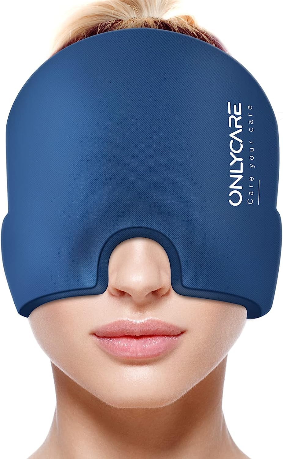 Blue migraine relief cap by craques covering upper face for headache and migraine pain relief