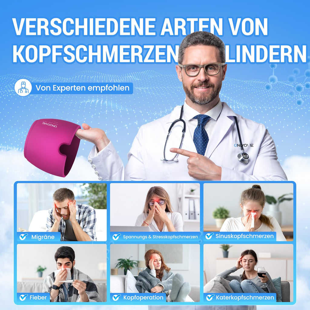 Doctor demonstrating migraine relief cap and showing various headaches and symptoms it can help alleviate