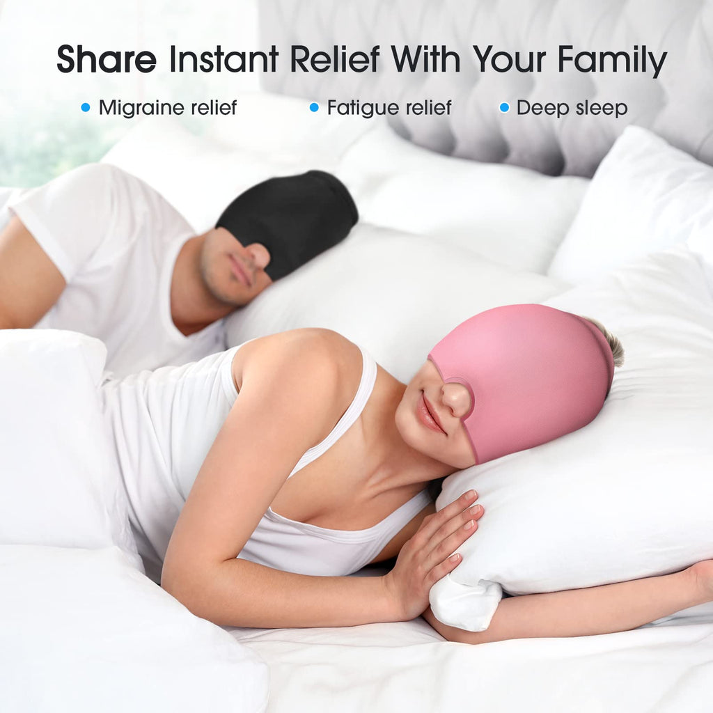 Woman and man lying on bed wearing migraine relief cap for migraine relief fatigue relief and deep sleep