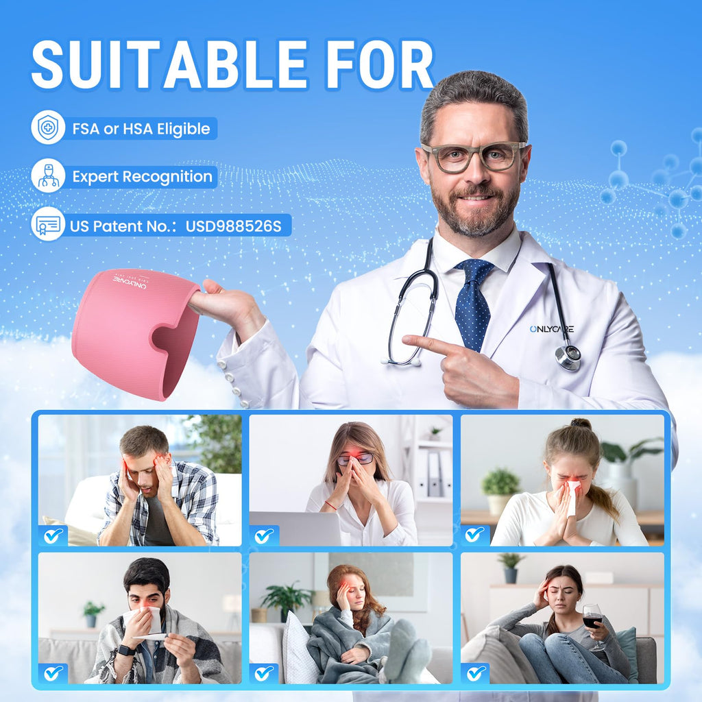 Doctor presenting pink migraine relief cap suitable for various headache and sinus pain conditions