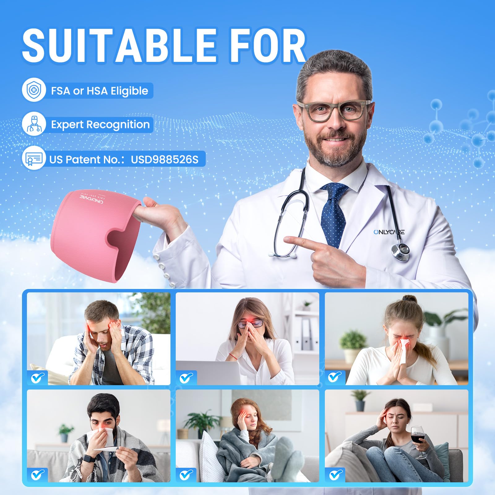 Doctor presenting pink migraine relief cap suitable for various headache and sinus pain conditions