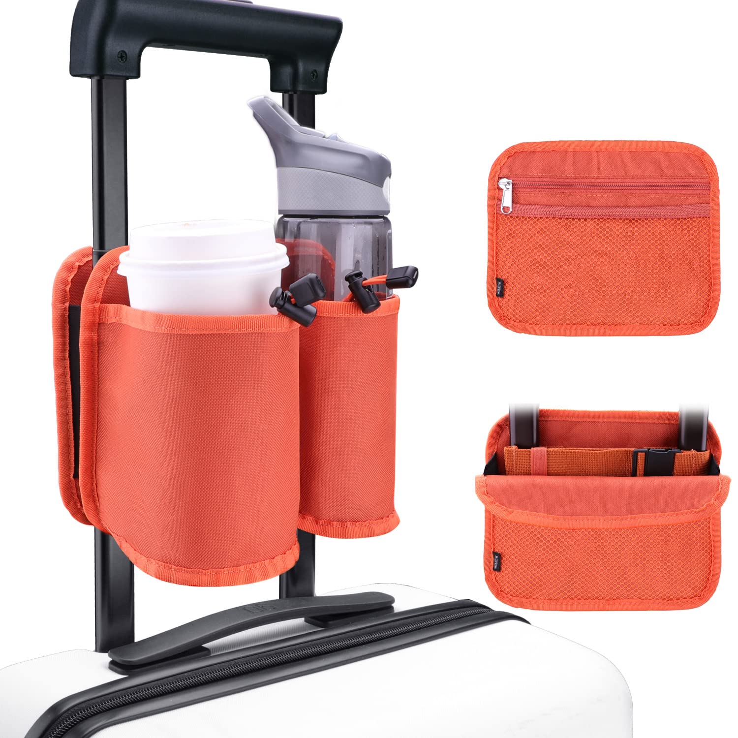 Orange travel cup holder for luggage with dual compartments for bottles and cups by craques