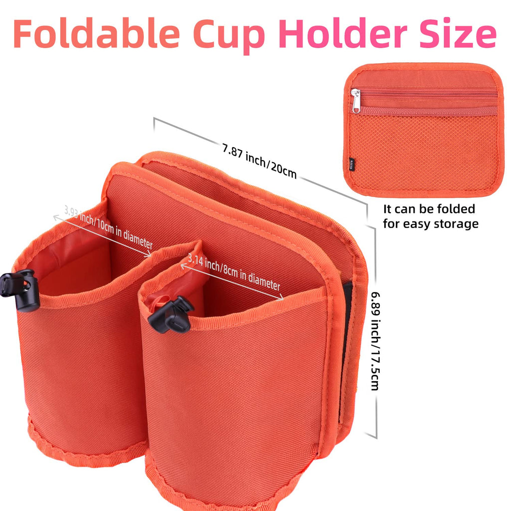 Craques foldable travel cup holder for luggage in orange with dimensions and foldable design