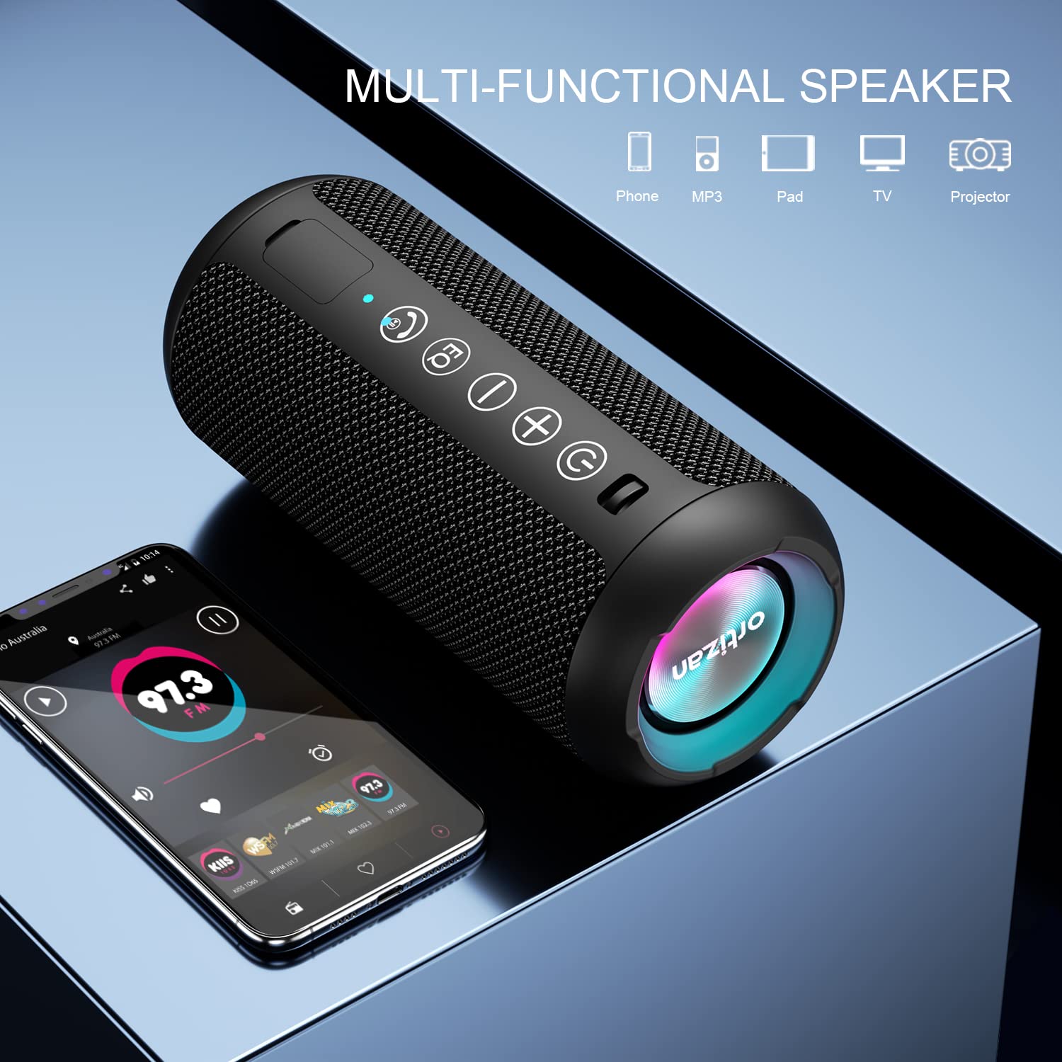 Craques portable waterproof Bluetooth speaker in black with LED light and control buttons next to a smartphone