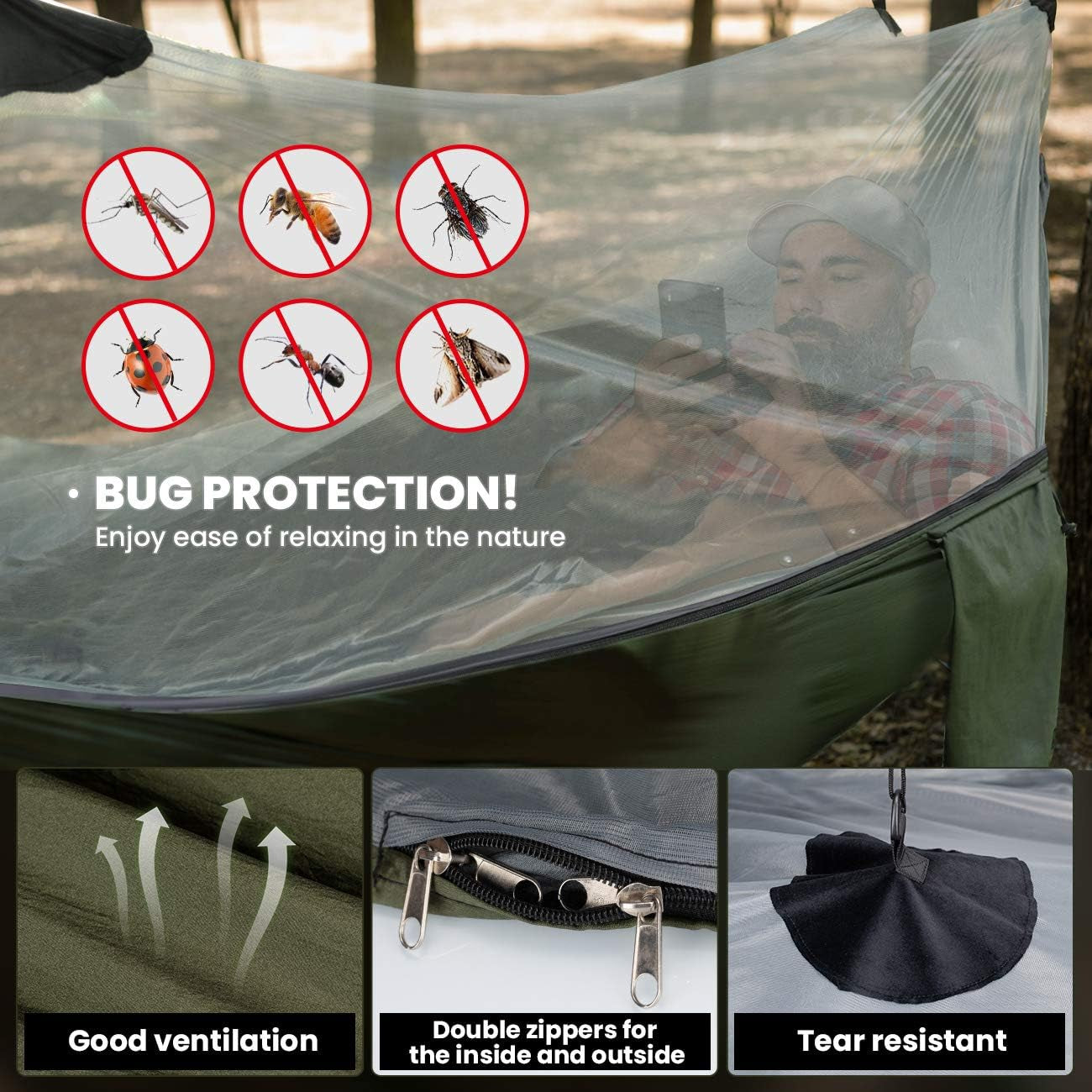 Craques double camping hammock with mosquito net shows bug protection ventilation double zippers and tear-resistant features