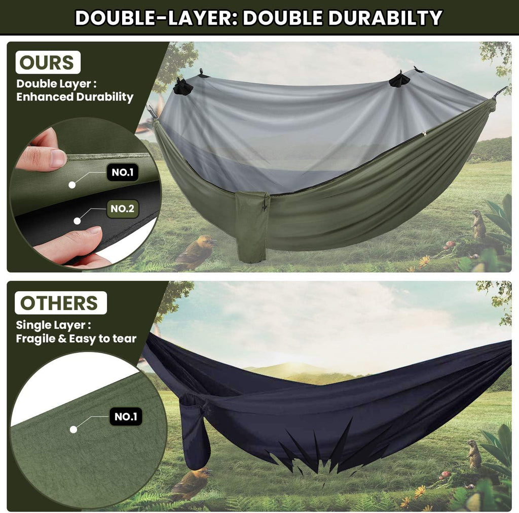 Craques double camping hammock with mosquito net featuring double-layer enhanced durability compared to single-layer hammocks
