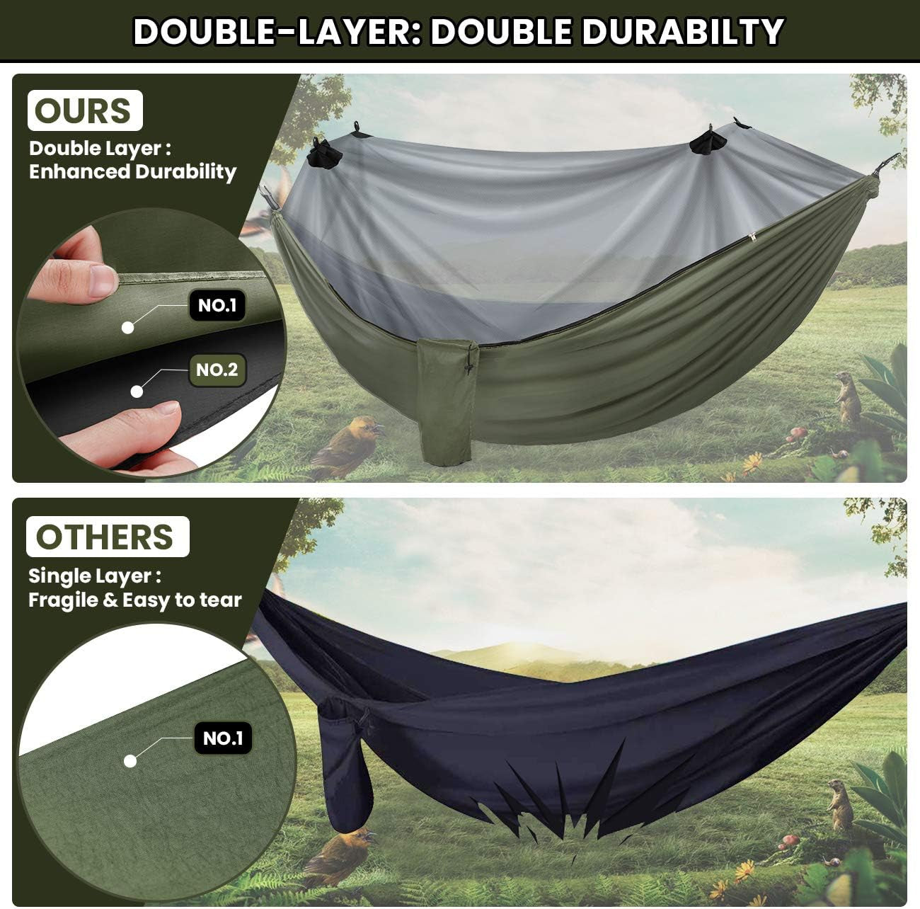 Craques double camping hammock with mosquito net featuring double-layer enhanced durability compared to single-layer hammocks