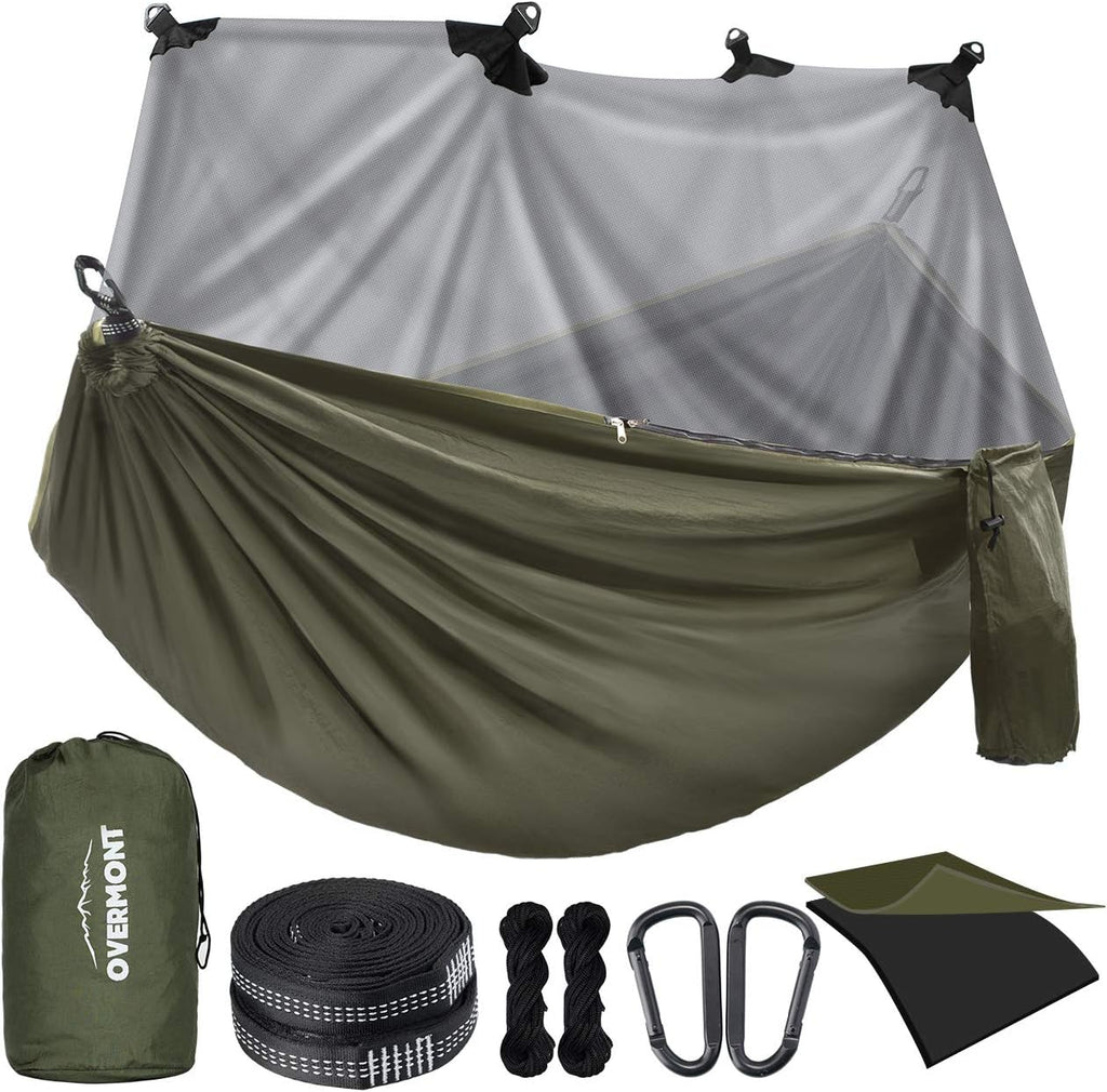 Craques double camping hammock with mosquito net in olive green including straps carabiners and rain fly