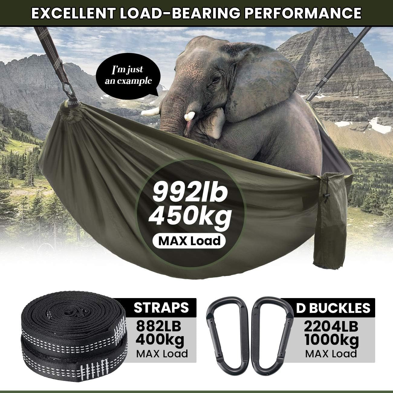 Craques double camping hammock with mosquito net showing heavy load capacity with elephant and included straps and D buckles