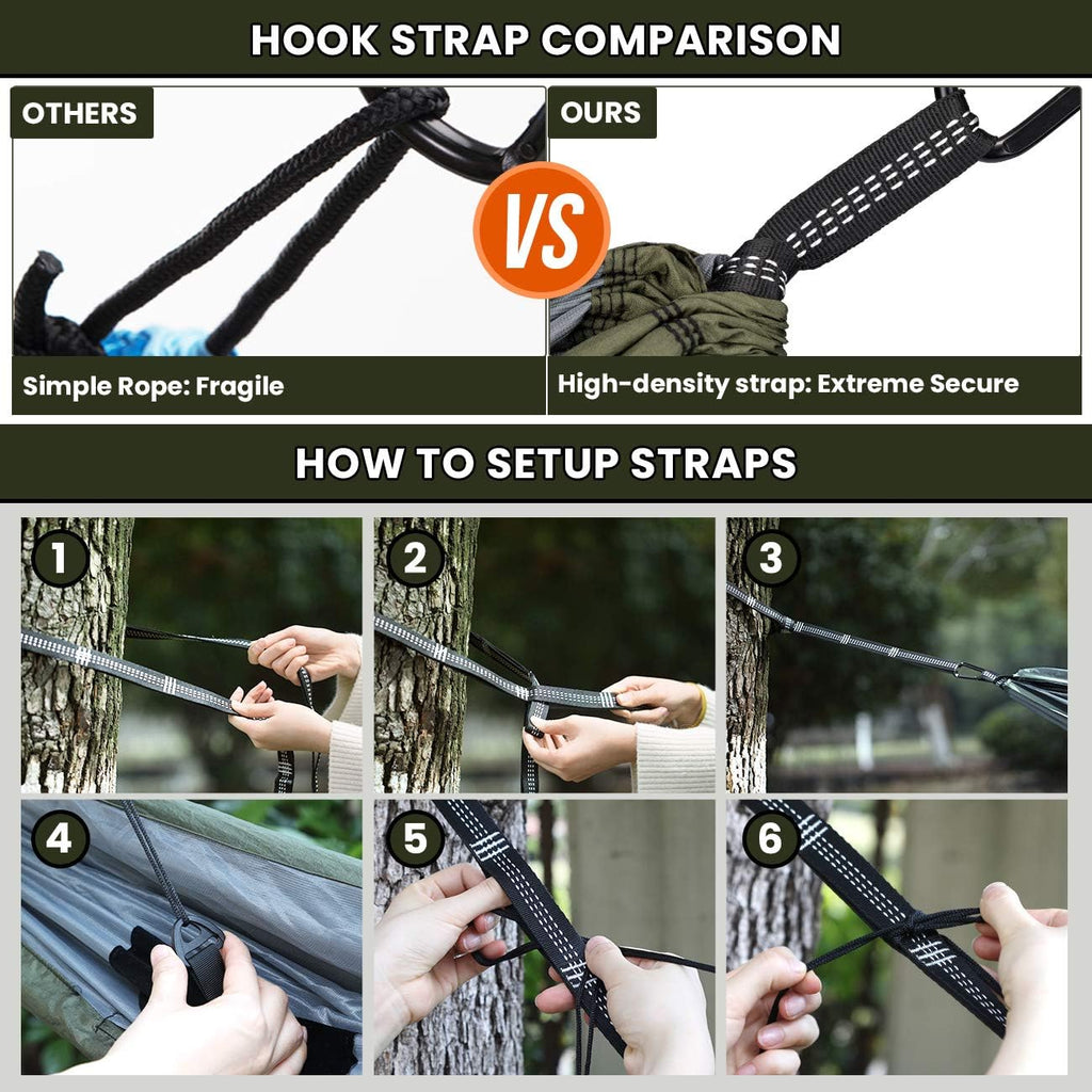Craques double camping hammock with mosquito net high-density strap setup and comparison with simple rope