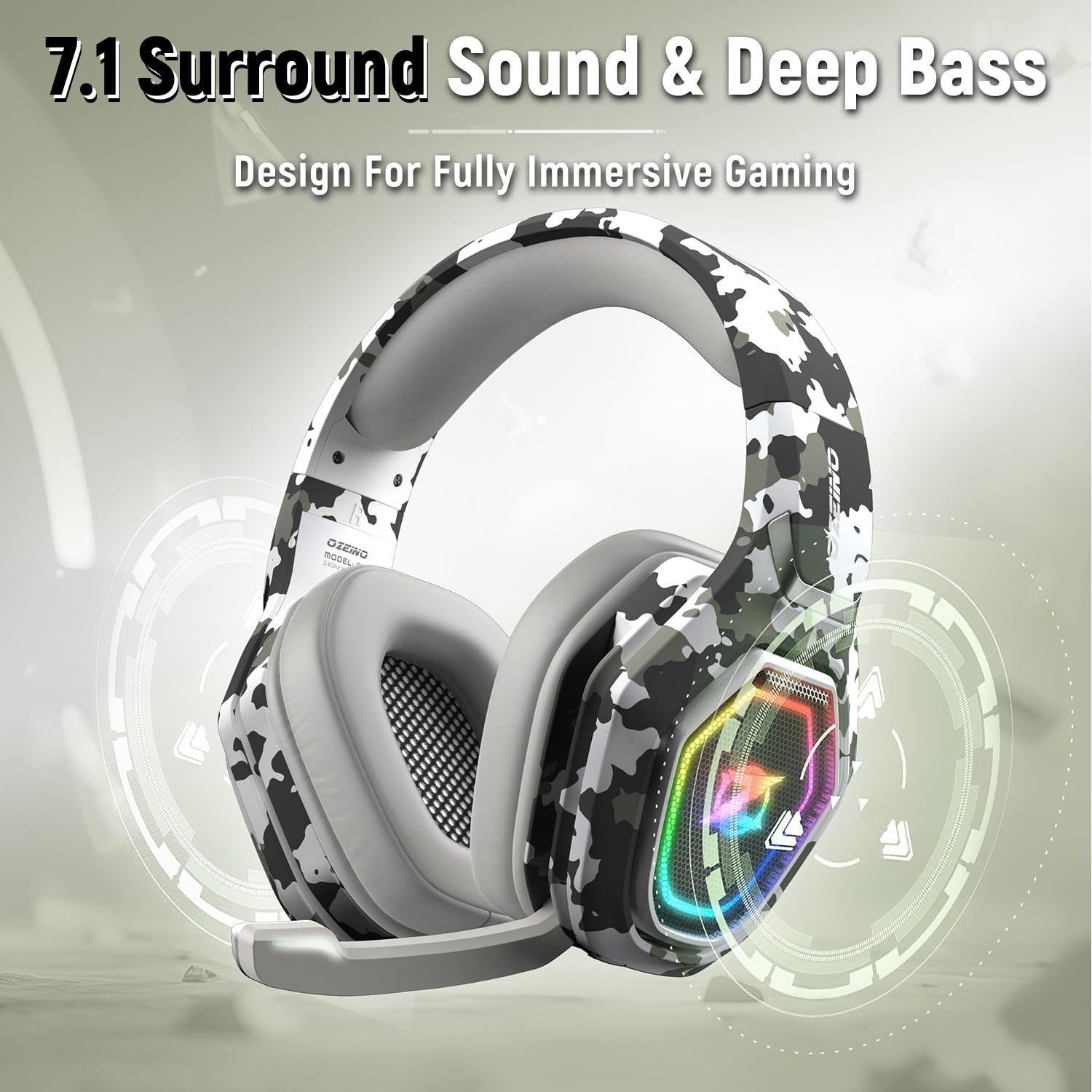 Craques wireless gaming headset for PC with 7.1 surround sound and deep bass in white camo design