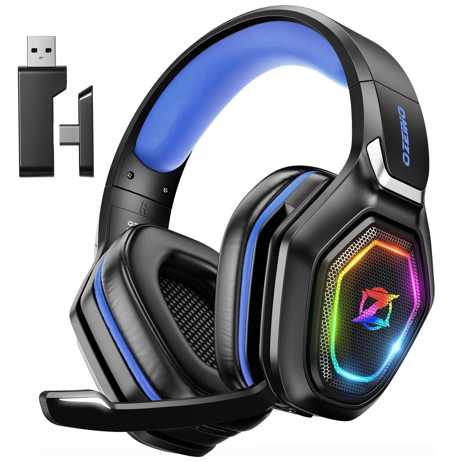 craques wireless gaming headset for PC with RGB lighting and USB wireless adapter
