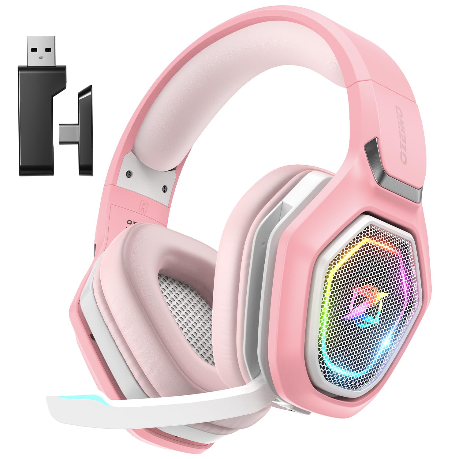 Craques pink wireless gaming headset for PC with RGB lights and USB wireless adapter