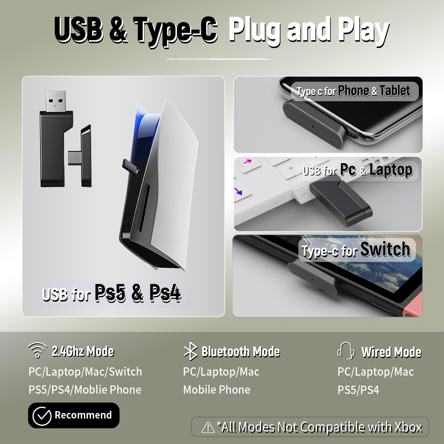 Craques wireless gaming headset for PC with USB and Type-C plug and play compatibility