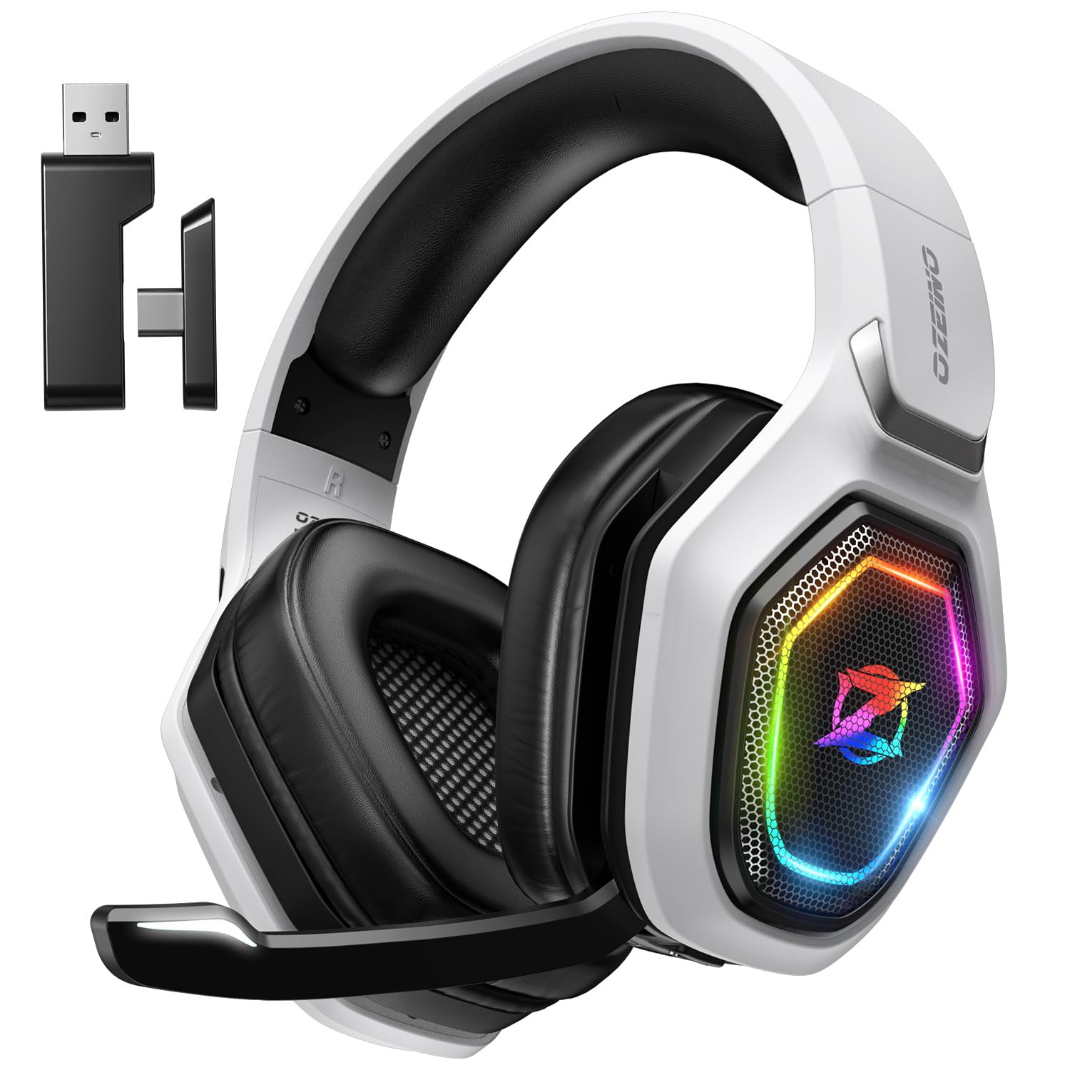 Craques wireless gaming headset for PC in white with RGB lighting and detachable microphone