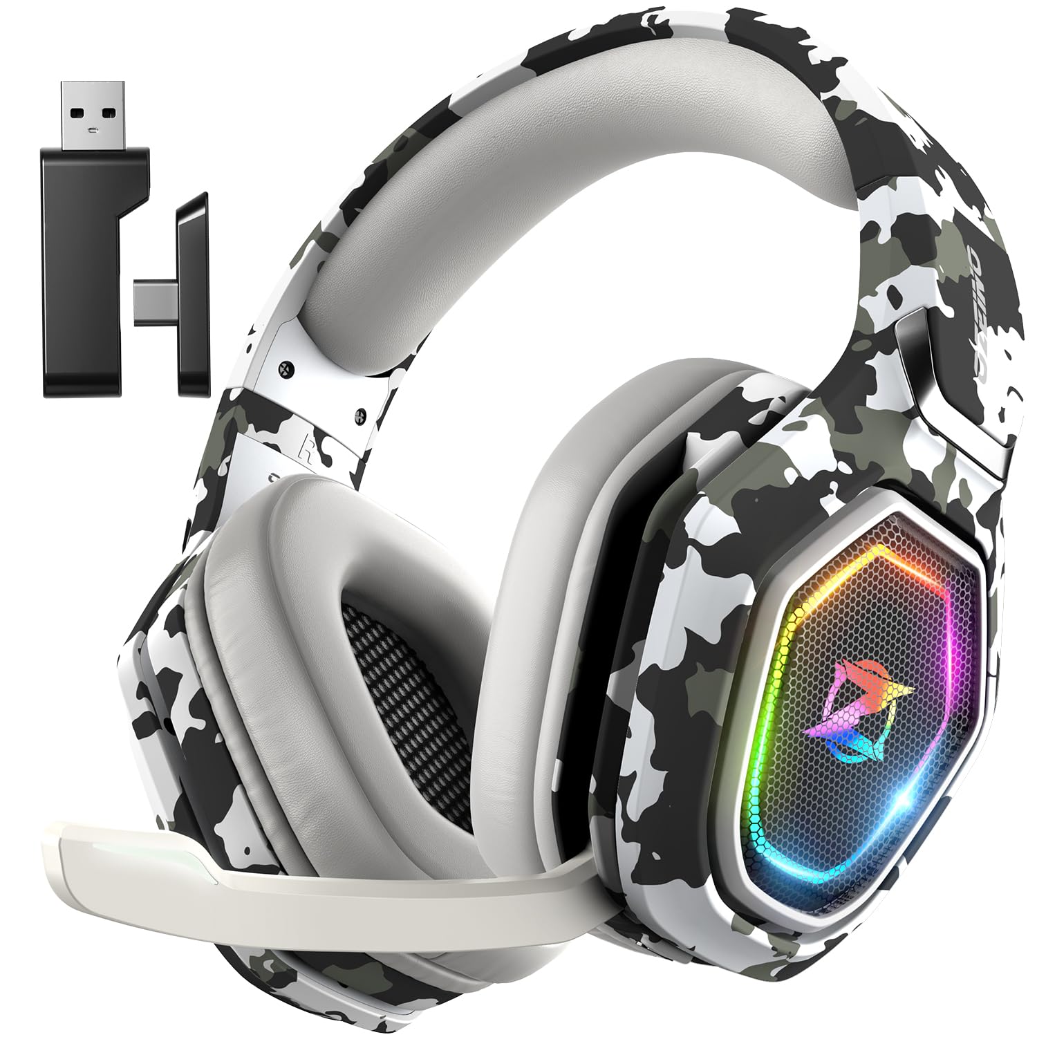 Craques wireless gaming headset for PC with white black camo design and RGB lighting
