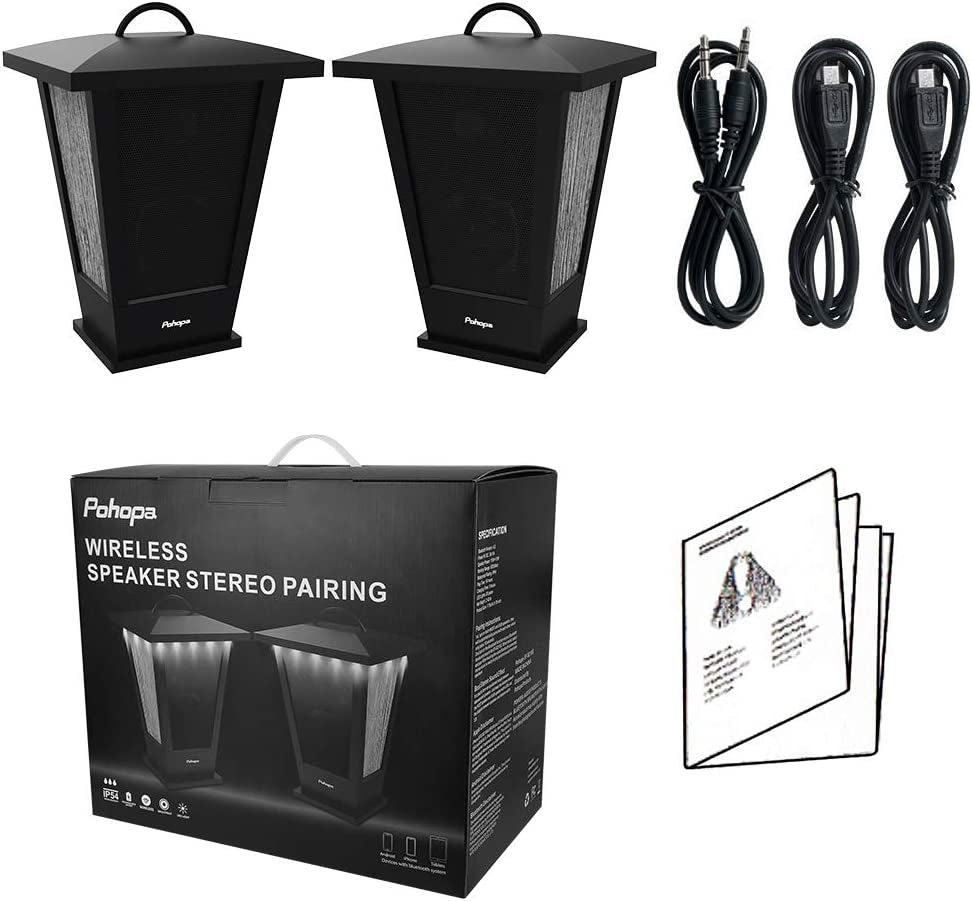 Waterproof Bluetooth speakers outdoor set with stereo pairing black speakers and audio cables