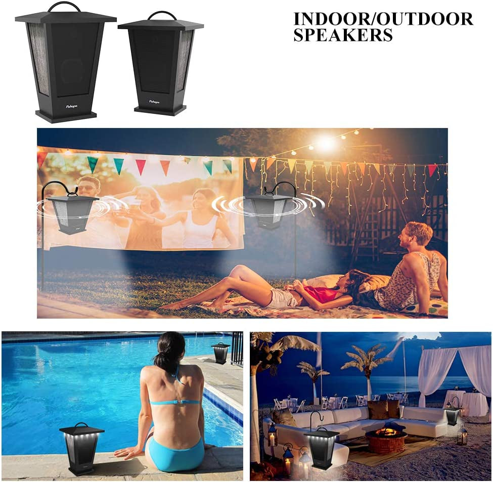 Waterproof Bluetooth speakers outdoor by craques shown in various outdoor settings including poolside and patio