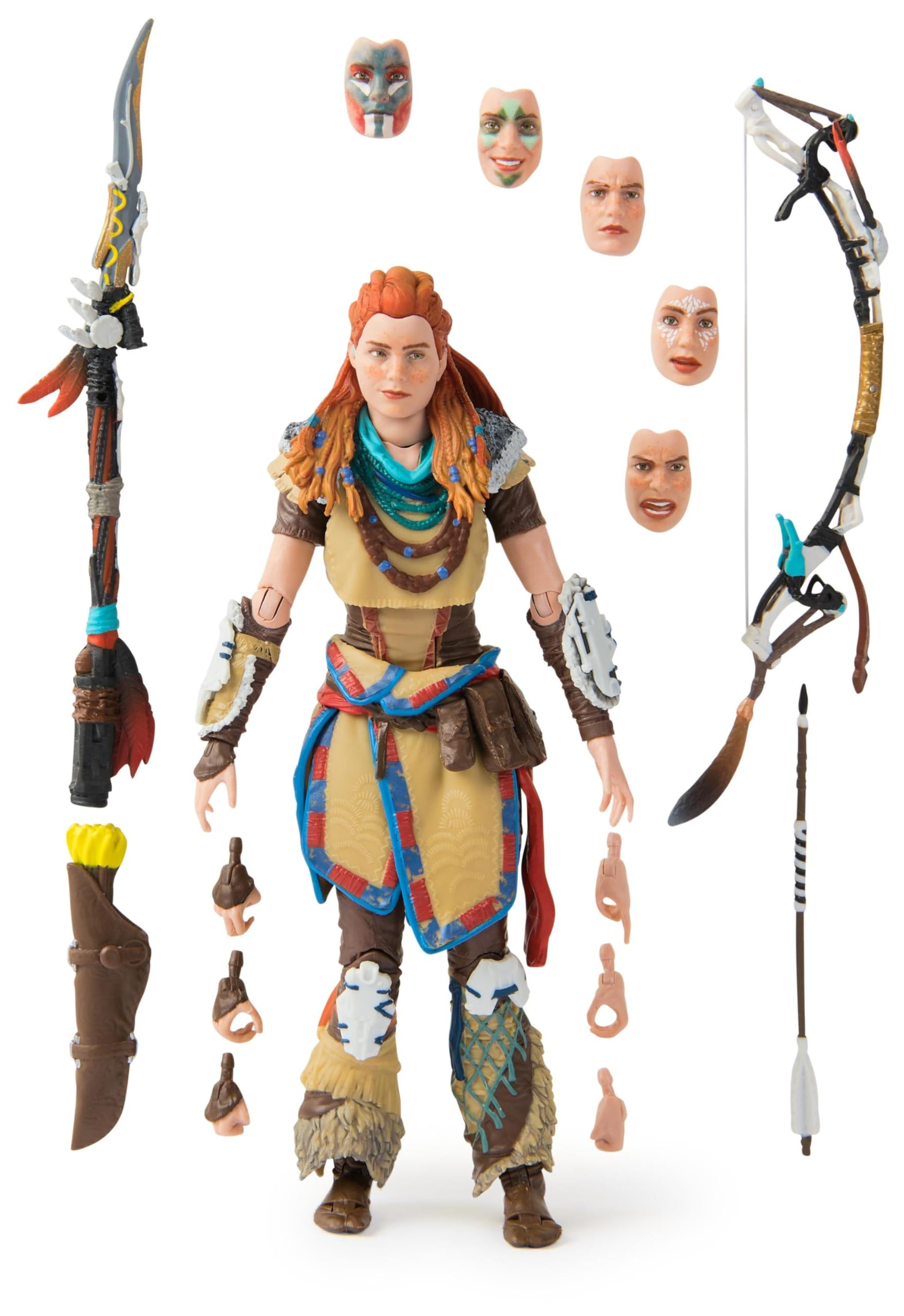 Aloy action figure with multiple interchangeable faces and hands alongside weapons from Kratos God of War Ragnarök action figure set