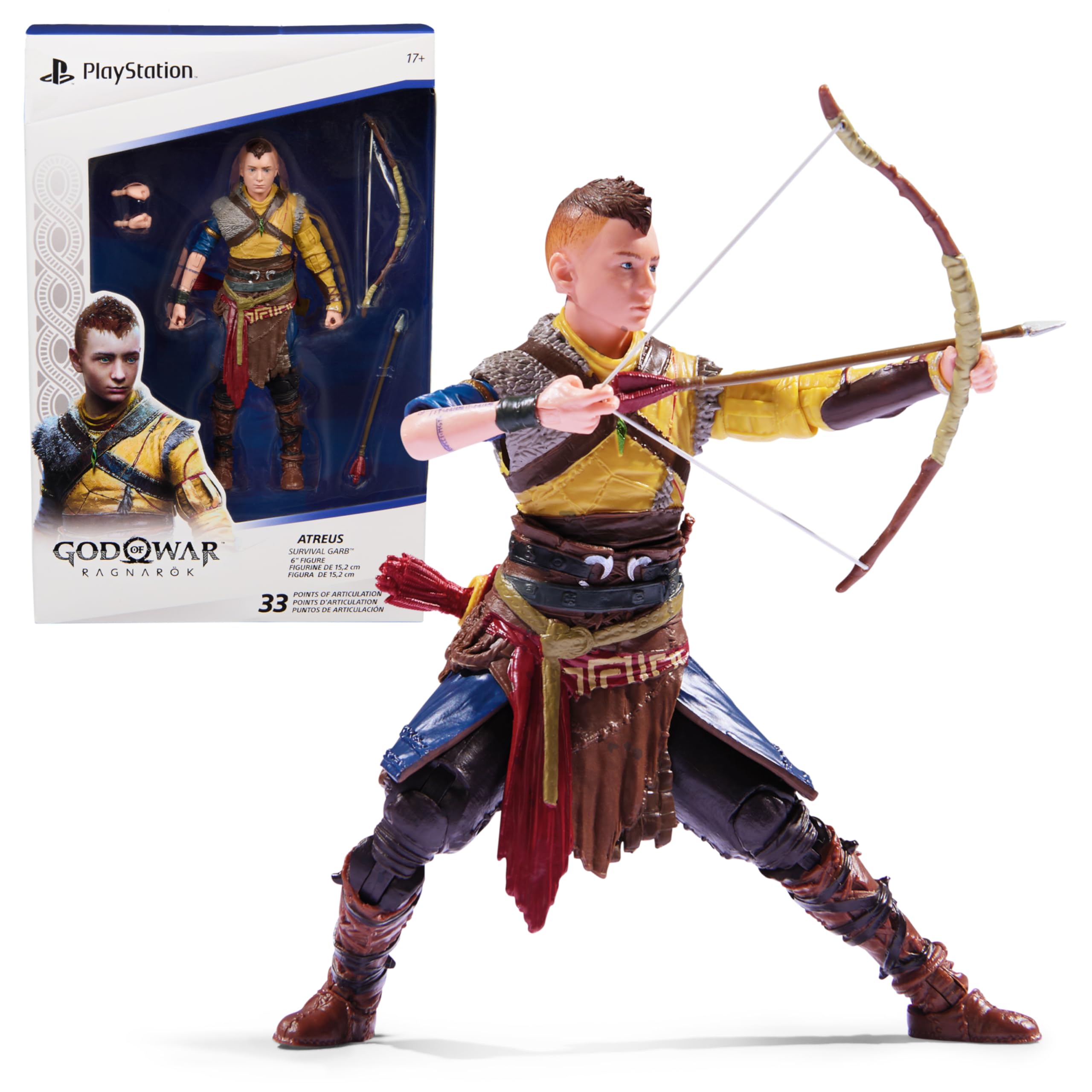 Kratos God of War Ragnarök action figure by craques featuring Atreus with bow and arrow in detailed outfit