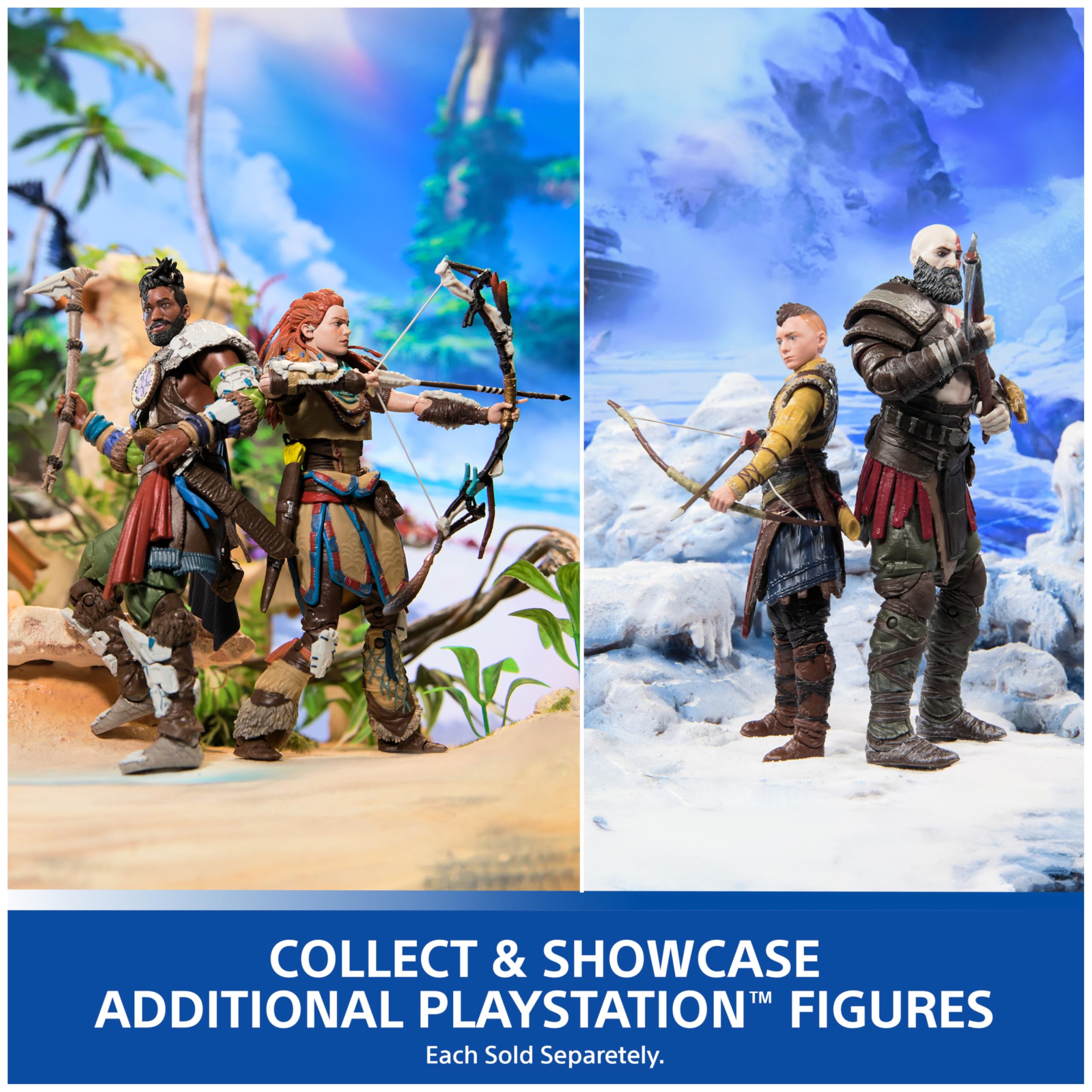 Kratos God of War Ragnarök action figure alongside other detailed PlayStation game character figures in dynamic poses