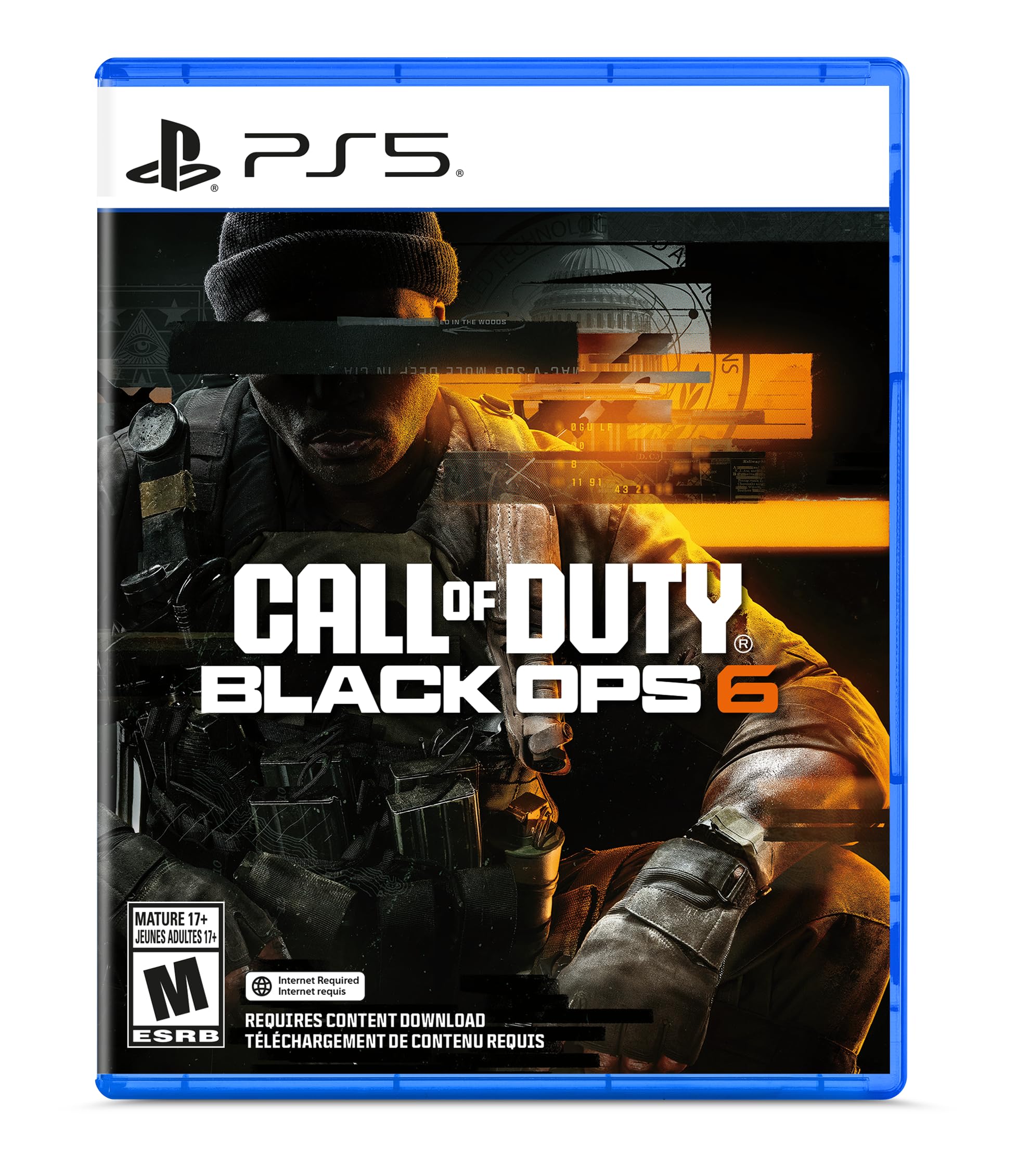 Call of Duty Black Ops 6 PS5 game case featuring a soldier in tactical gear and orange accents