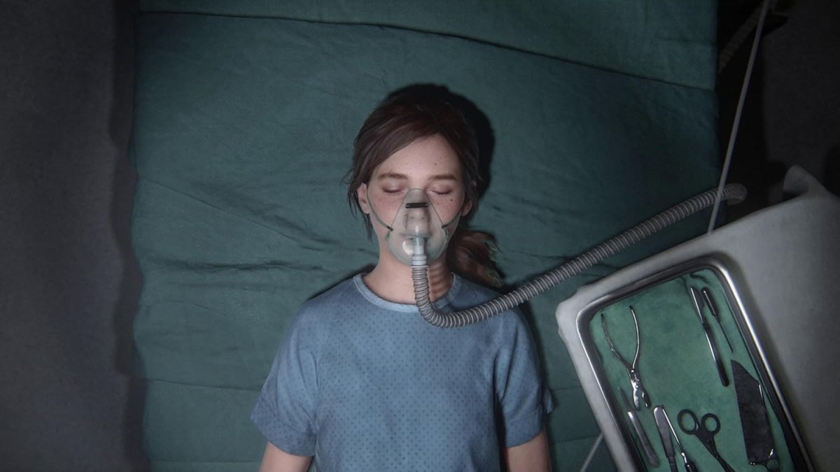 Scene from The Last of Us Part II Remastered PS5 showing a girl lying on a hospital bed with an oxygen mask