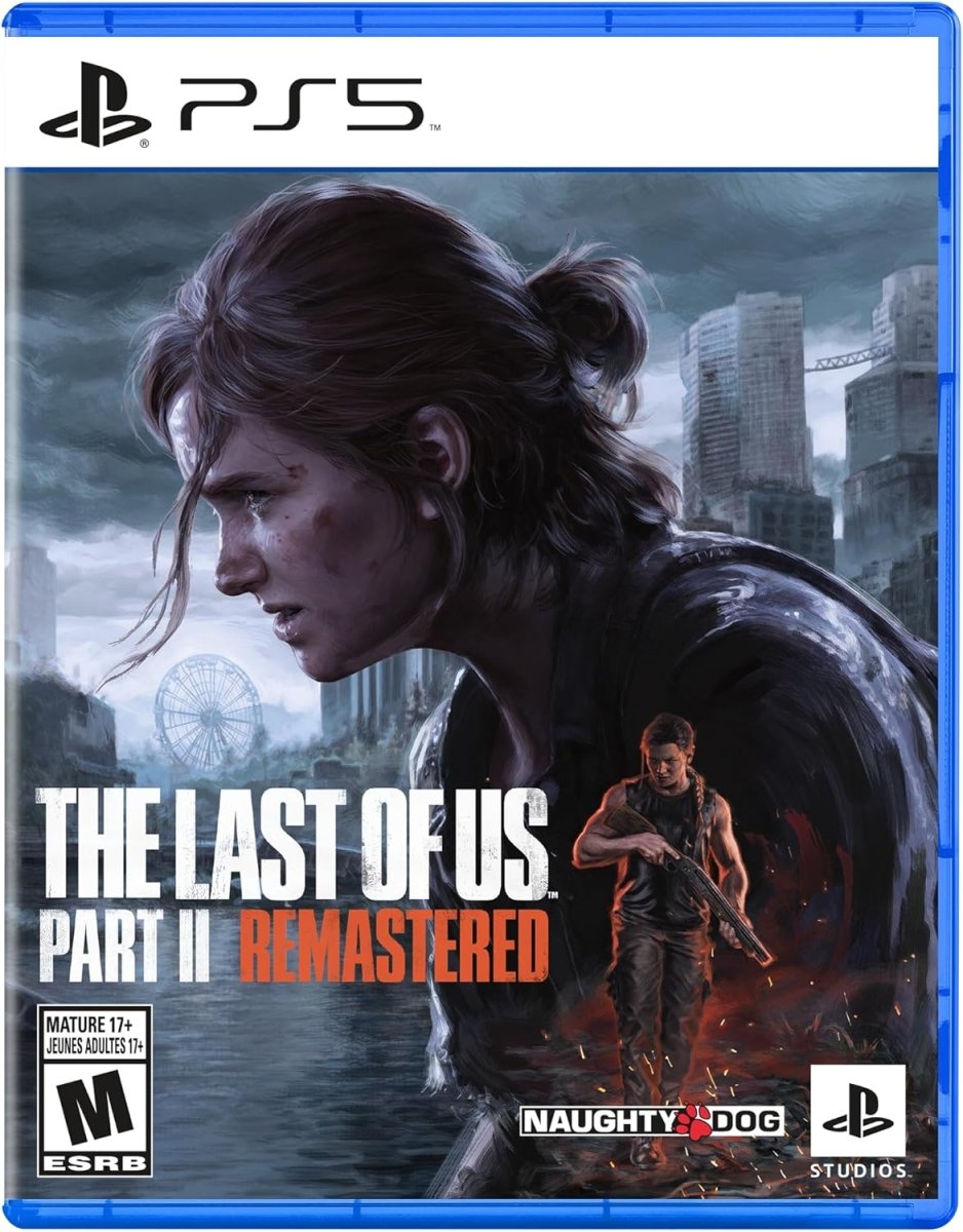 The Last of Us Part II Remastered PS5 game cover featuring Ellie with a city background and armed character